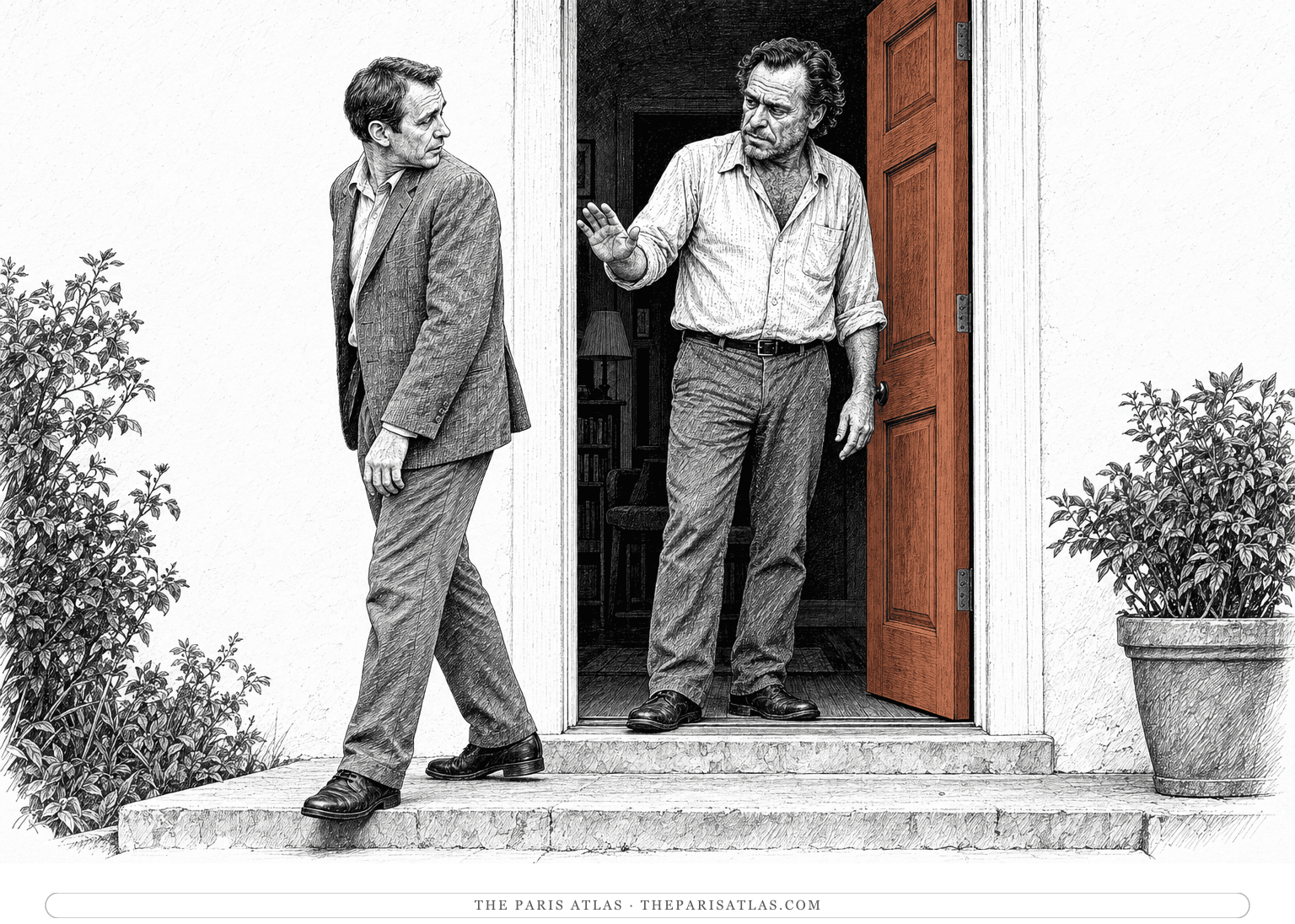 The narrator dismisses a visitor from his doorway as the man begins to turn away.