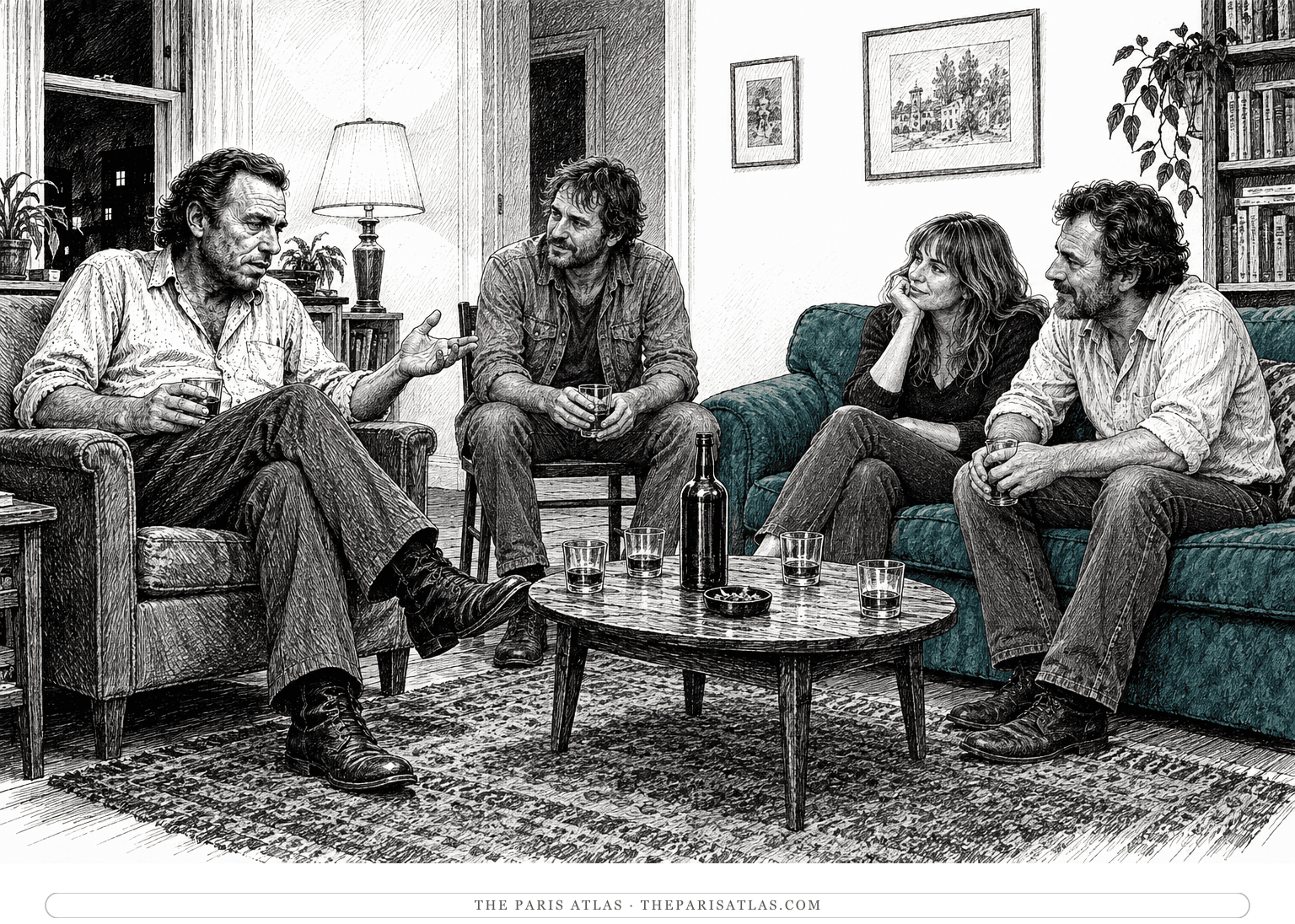 The narrator talks with three adult visitors seated around his room.