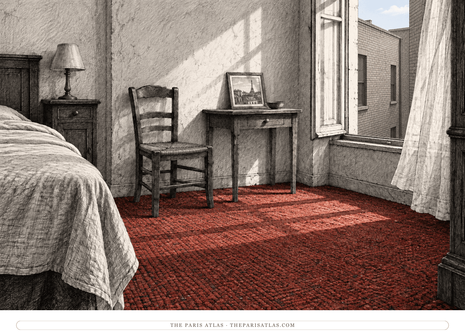 Sunlight crosses a worn red carpet in an empty hotel room, with a small framed view of Paris and a plain wooden chair drawn in black ink.