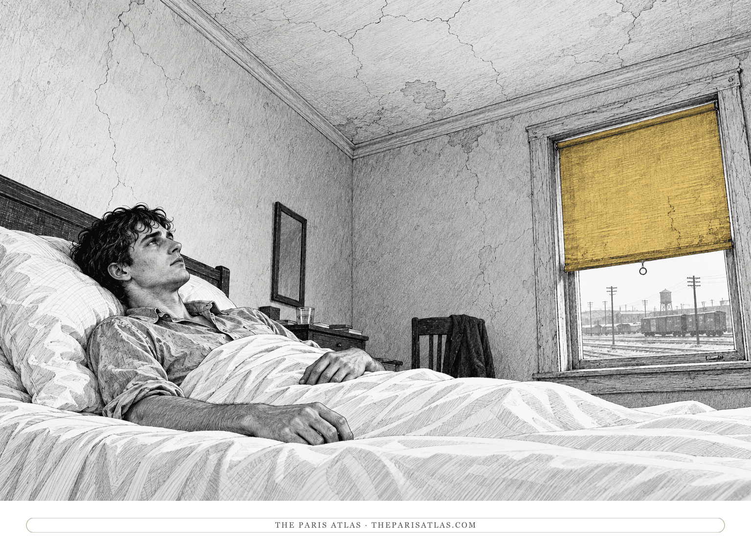 Sal lies awake on a white hotel bed, looking toward a high cracked ceiling beside a yellow window shade.