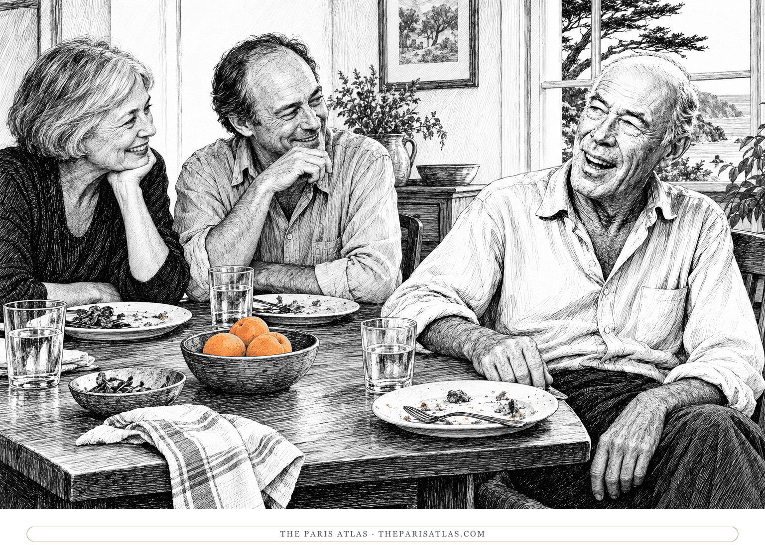 Henry Miller laughs with two adult companions at a modest dinner table, with a bowl of fruit between them.