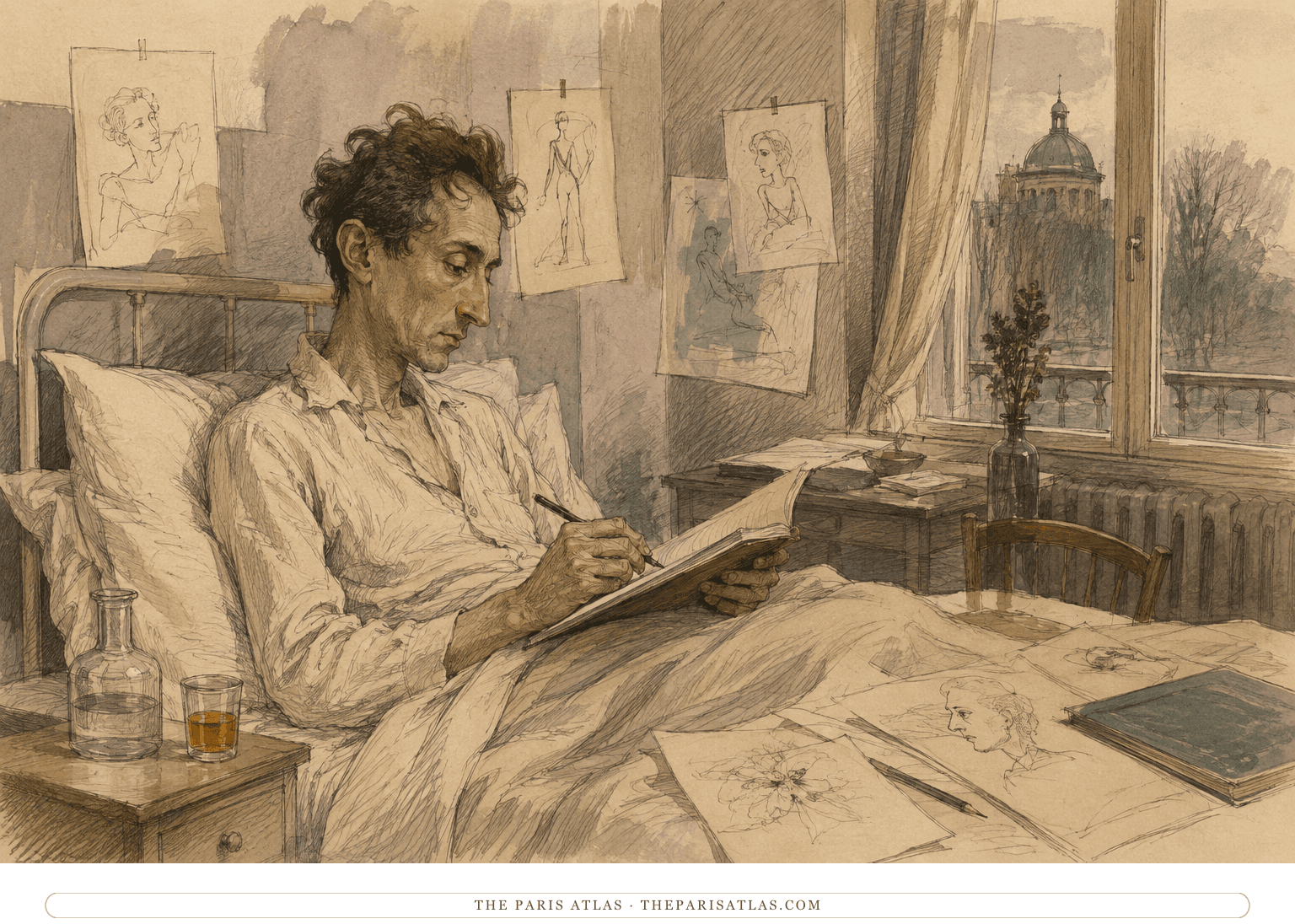 Jean Cocteau sits up in a Saint-Cloud clinic bed writing and drawing during opium withdrawal