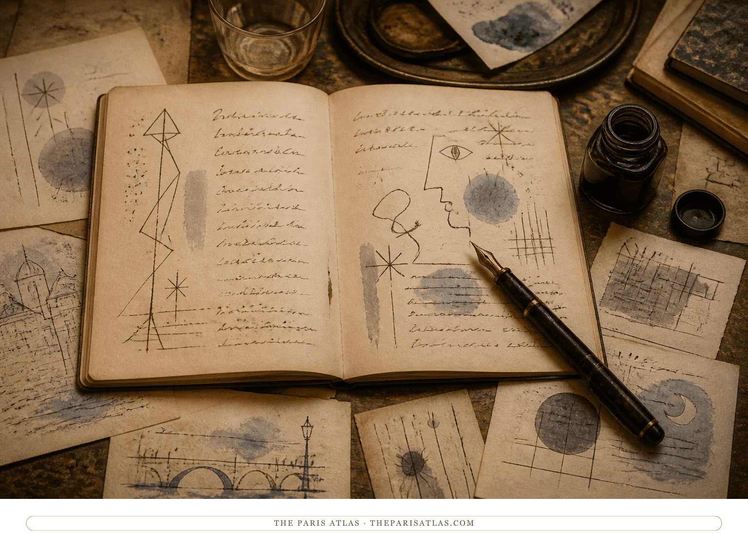 An original Paris Atlas interpretation of an open notebook combining unreadable handwritten marks with simple linear figures