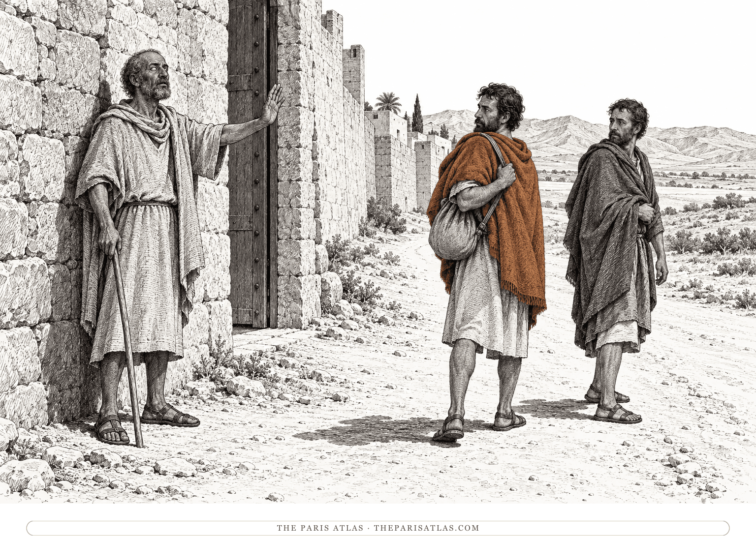 An imagined scene from Points in Time: a blind man raises his hand to warn two travelers outside Asana, with bare hills visible beyond the wall.