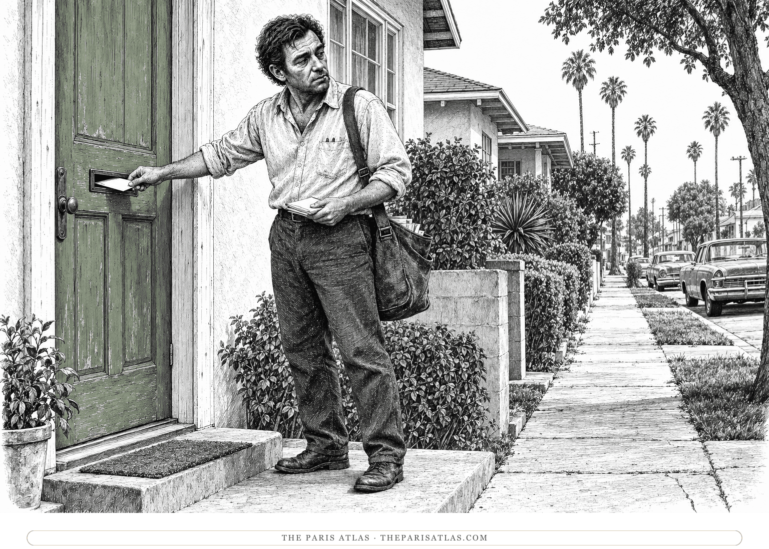 Chinaski delivers an envelope through a residential mail slot, carrying a leather mail sack.