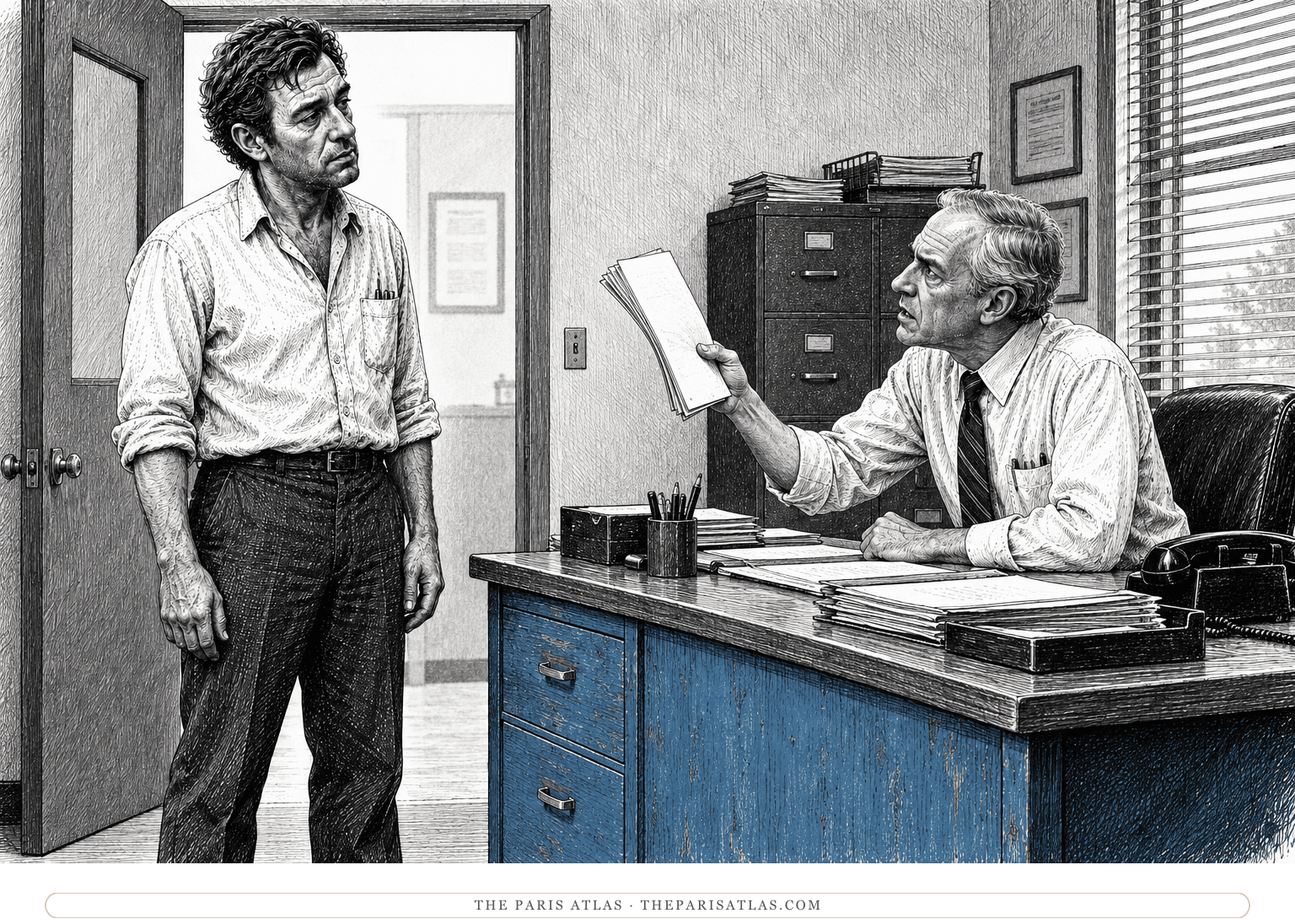 Chinaski stands before a gray-haired official holding his written complaint.