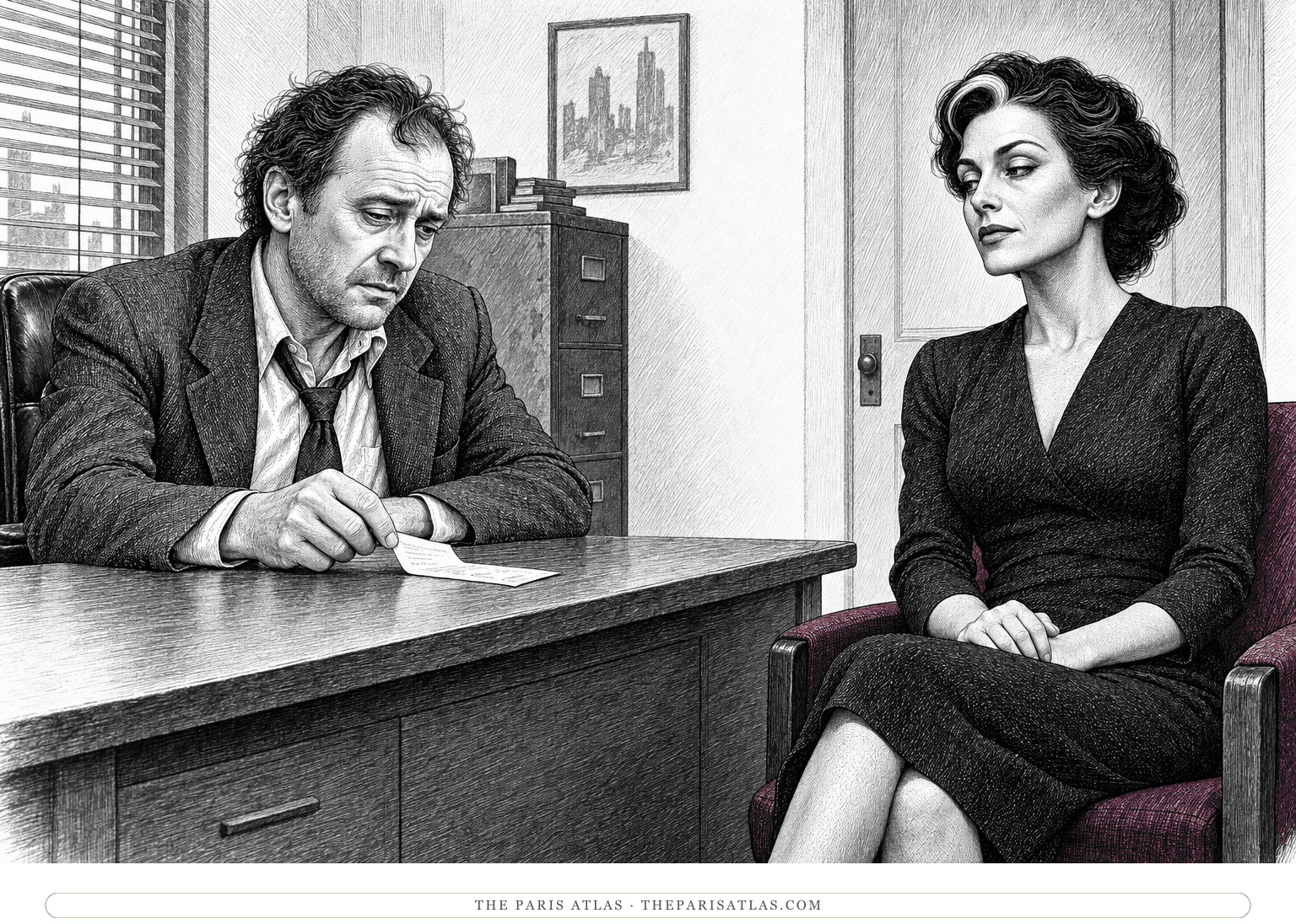 Lady Death watches from a chair as Belane picks up her check from his desk.