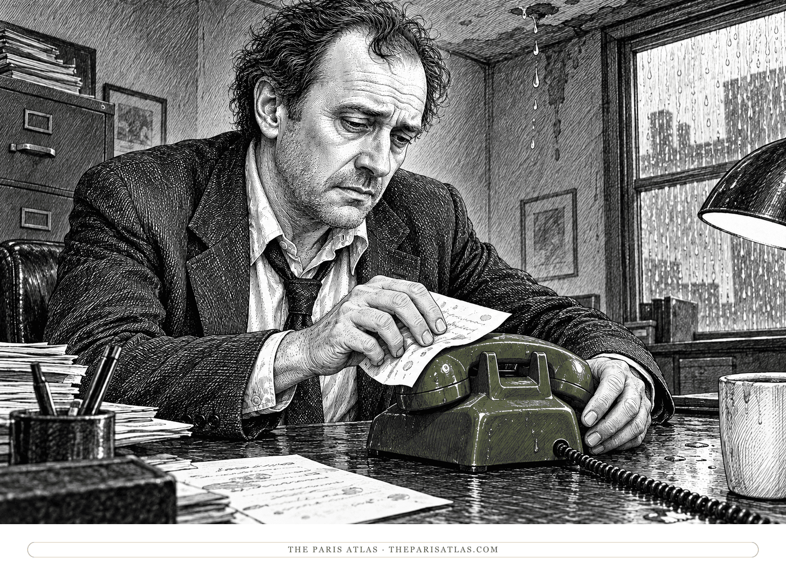 Alone in his leaking office, Belane wipes his telephone with a sheet of paper.