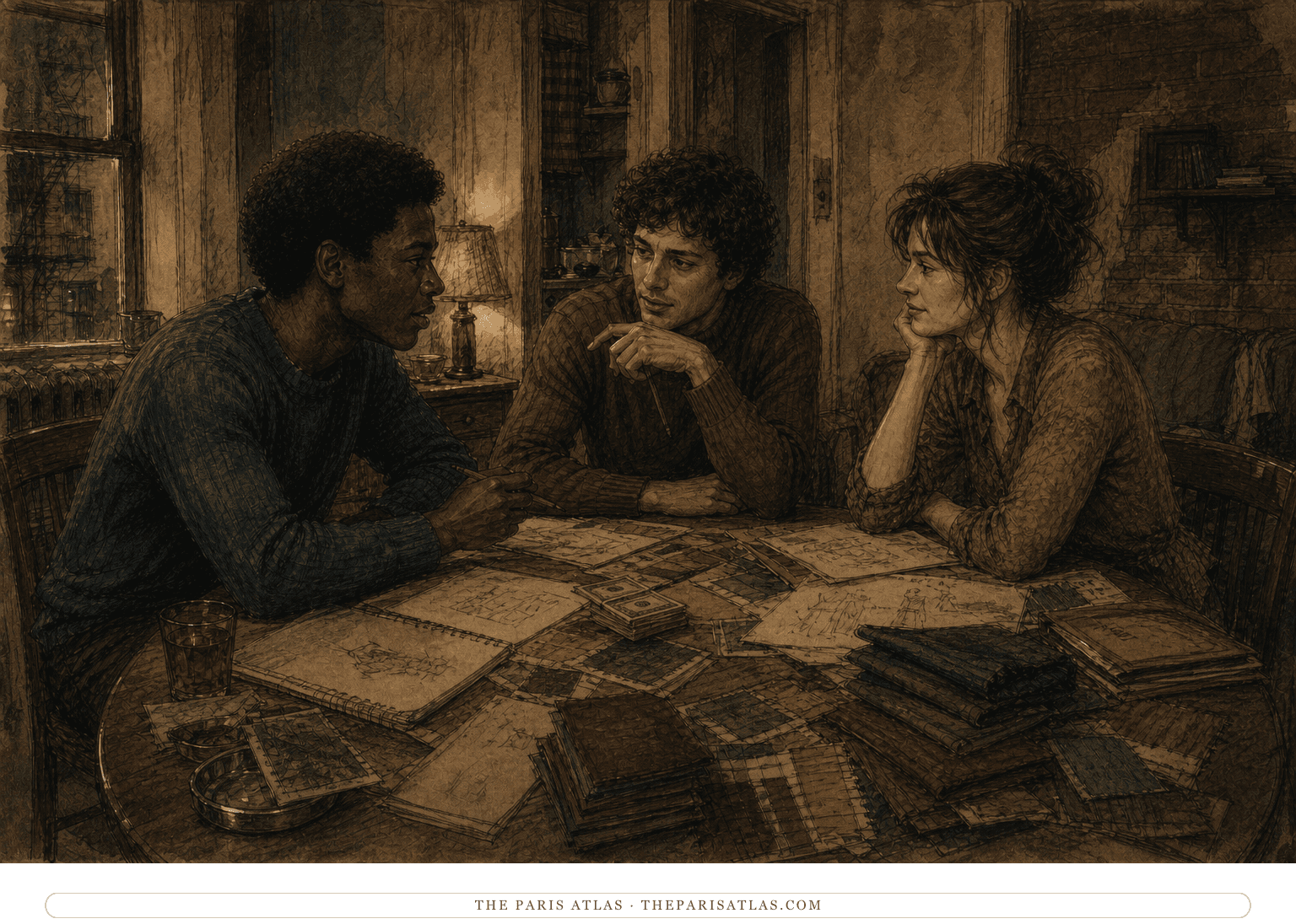 Harry, Marion, and Tyrone sit around a table with cash and hopeful business plans during their brief period of success