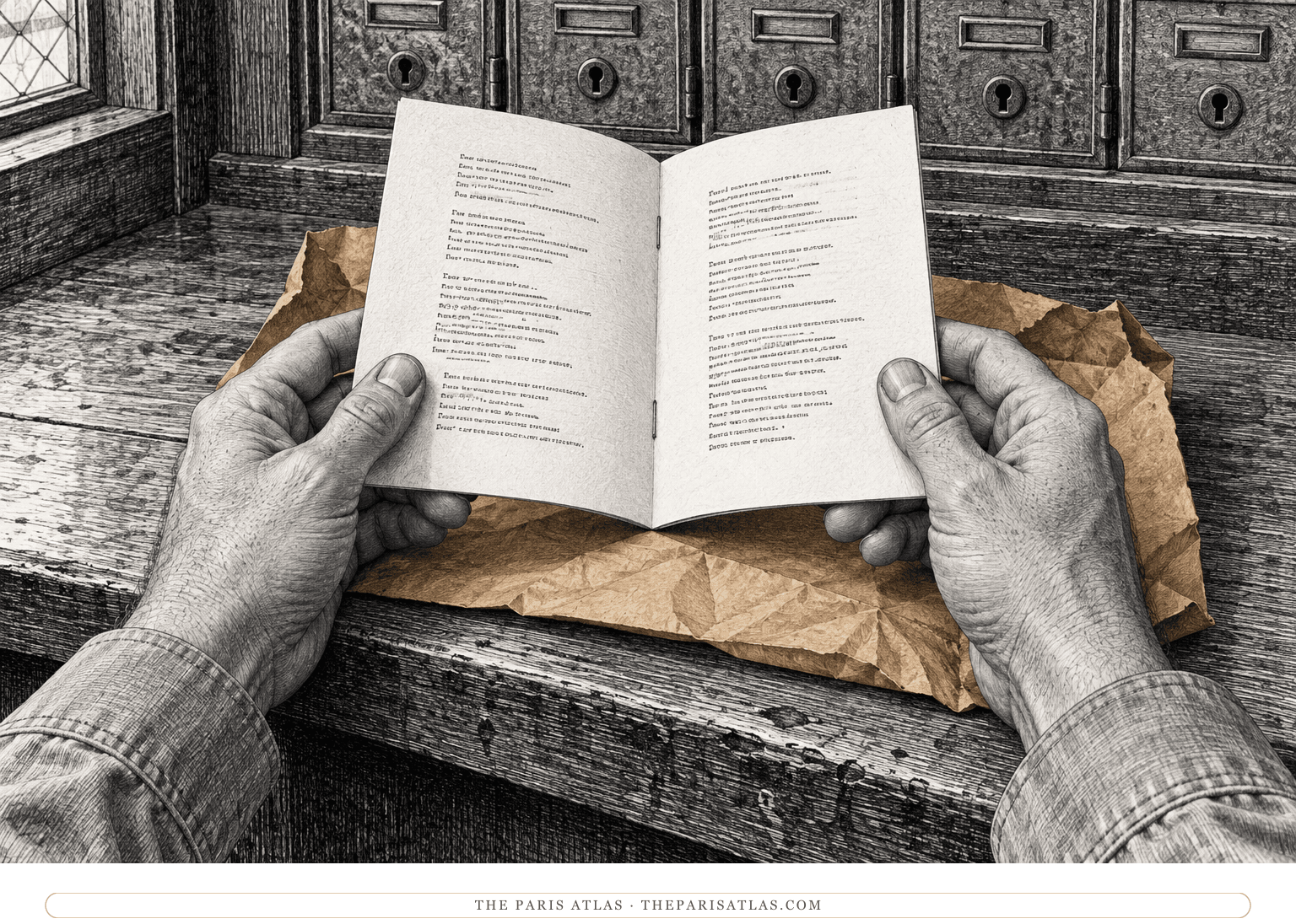 Two adult hands hold a thin poetry chapbook open above its paper wrapping on a worn post-office writing ledge.