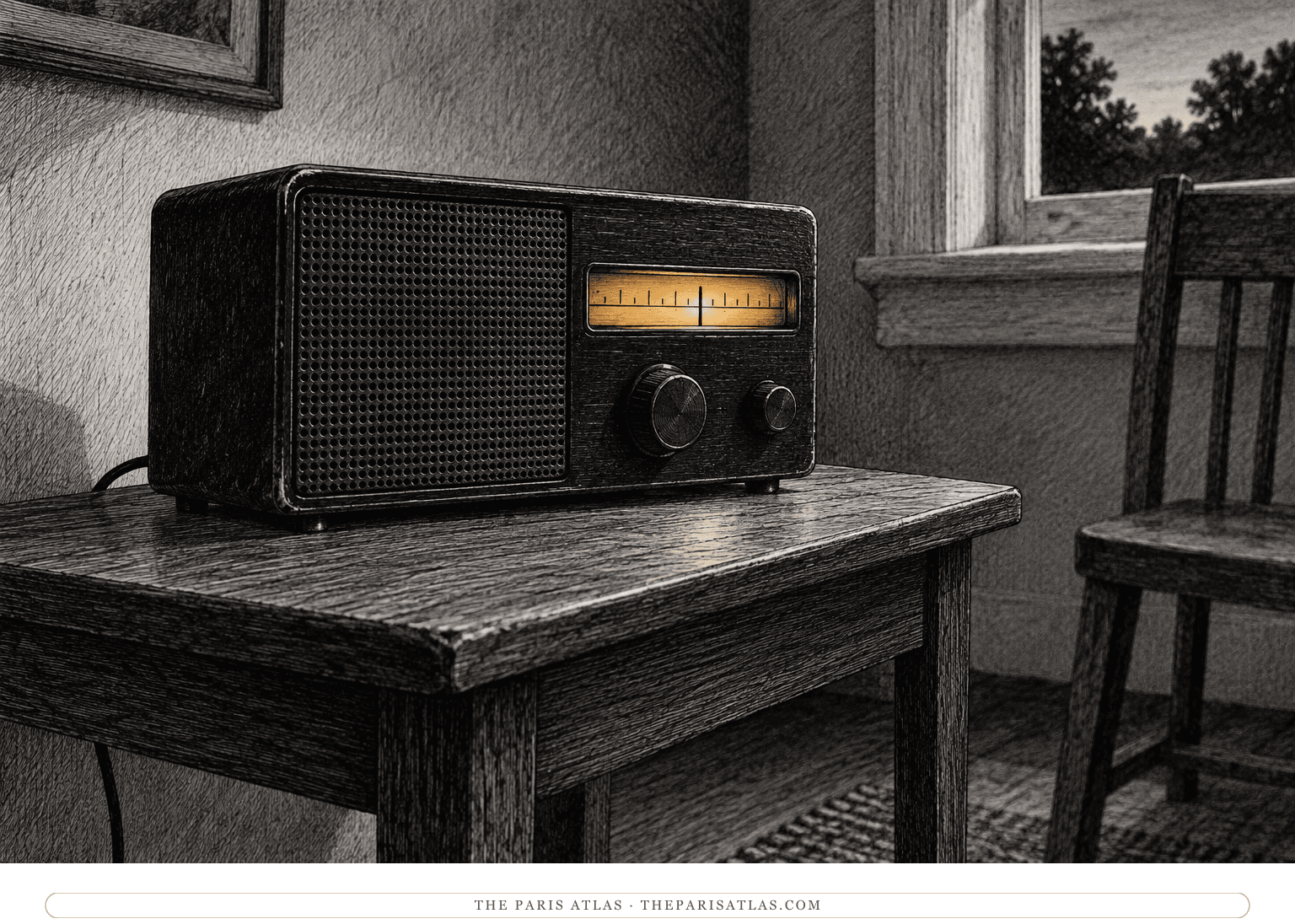 A black analog tabletop radio sits on a plain side table in a quiet room at dusk, its small tuning window glowing amber.