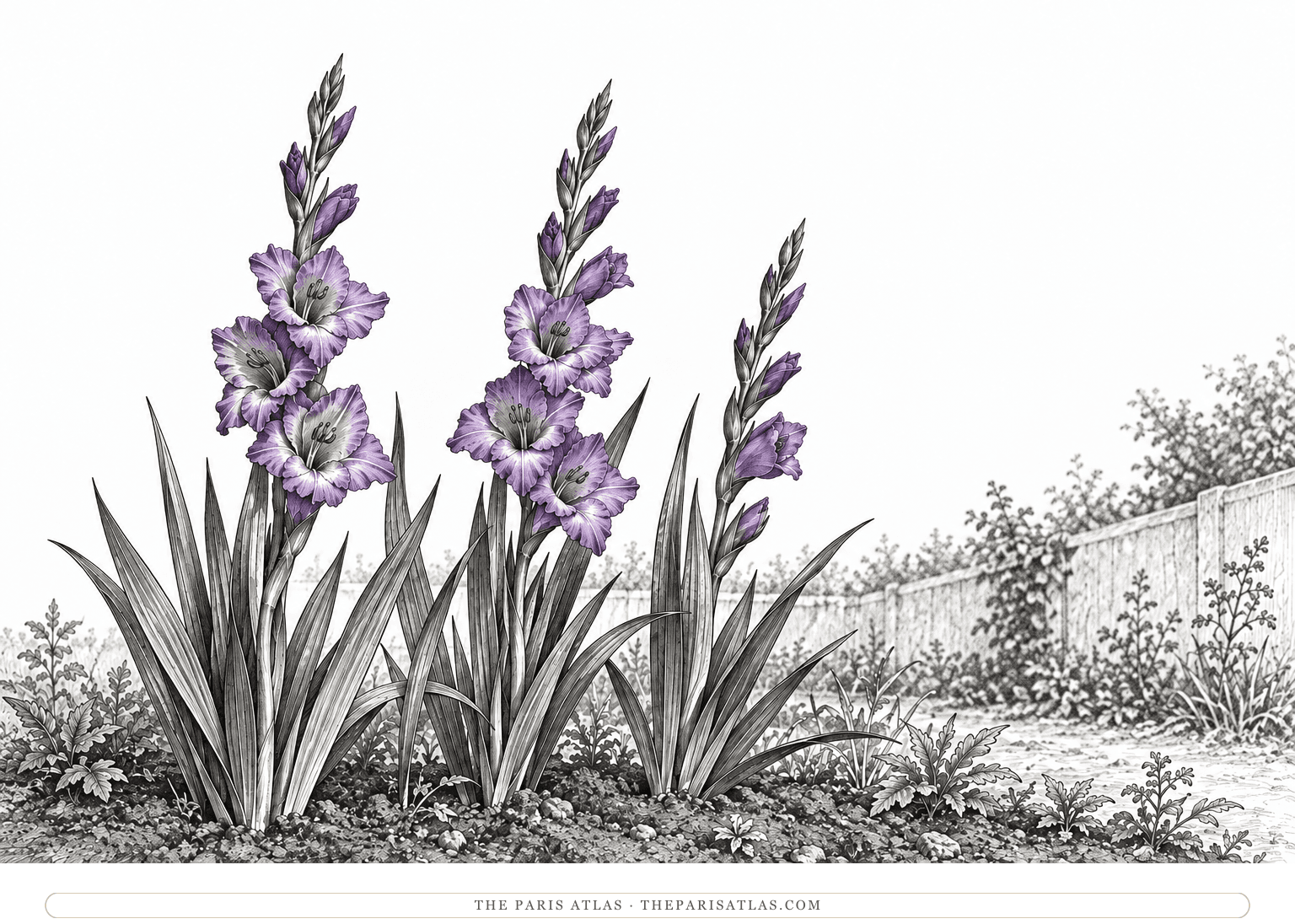 Tall gladiolus flower spikes rise among sword-shaped leaves, with muted violet color in their ruffled petals against a spare ink-drawn garden.