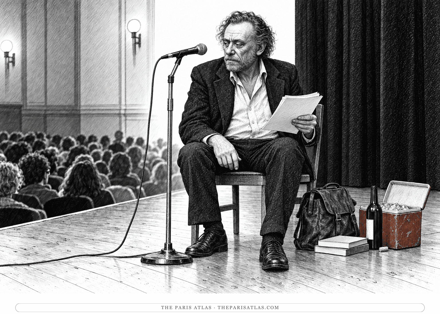 Bukowski sits on a wooden stage beside a microphone, holding loose pages with books, a satchel and a small cooler nearby.