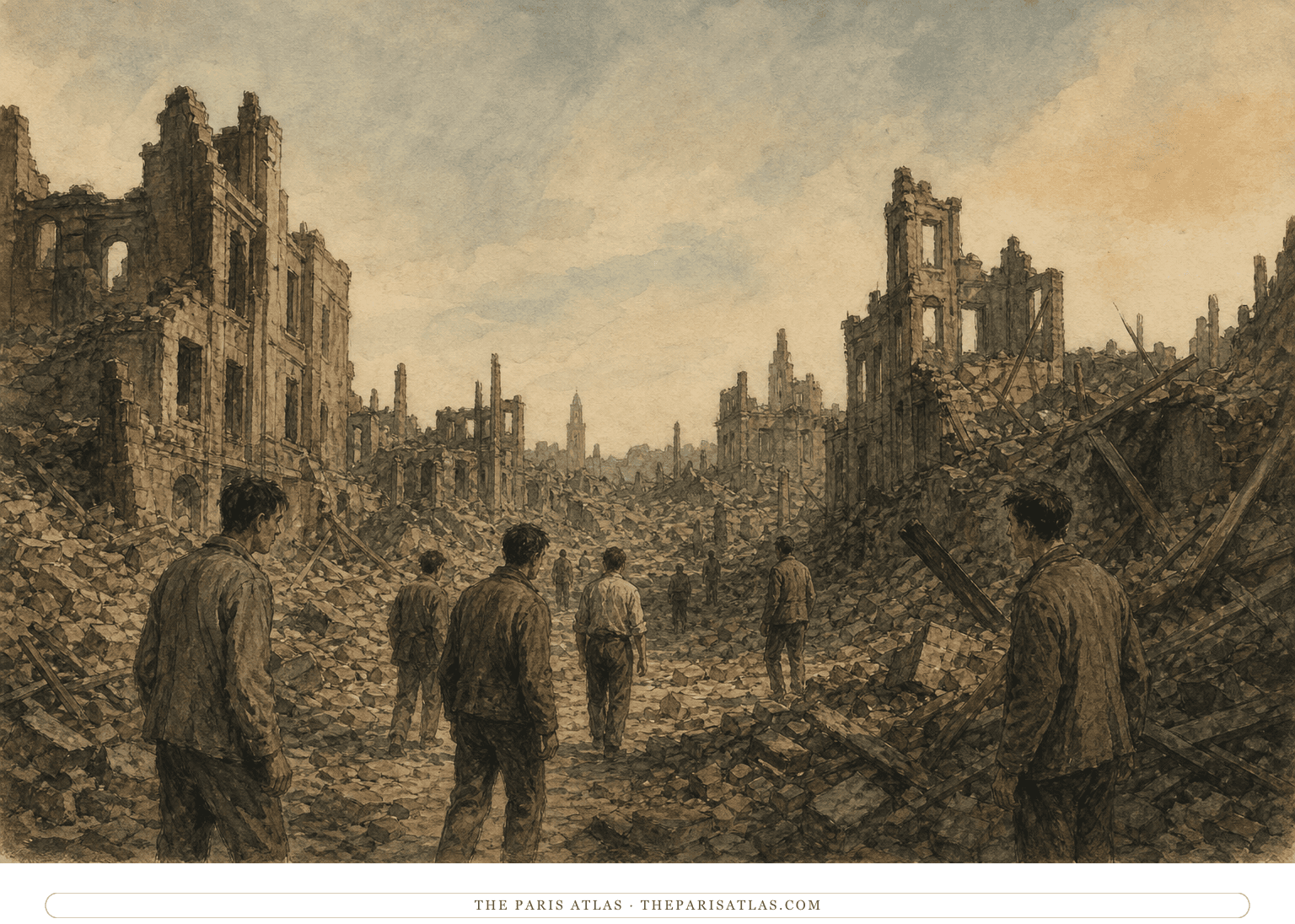Billy Pilgrim and other prisoners emerge into the vast ruins of Dresden beneath a clear sky