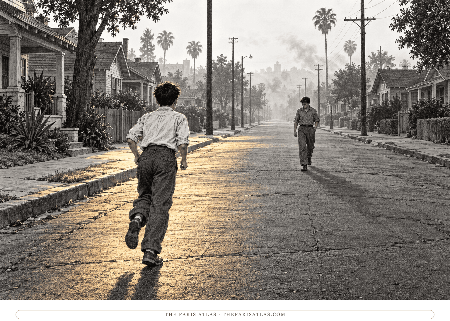 A boy hurries from the pavement toward his friend on a misty residential street in the early morning.