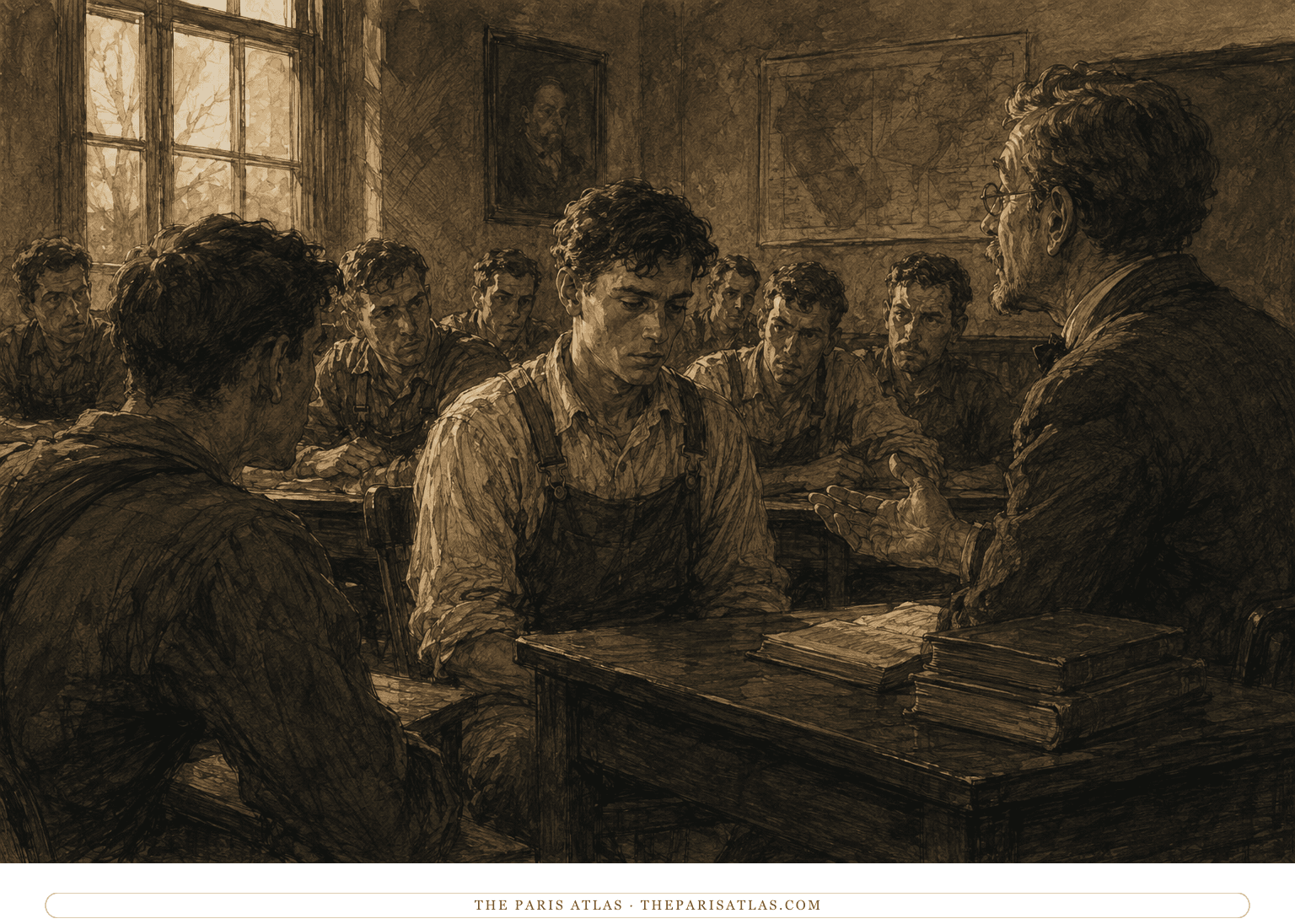 Young William Stoner sits stunned in a literature classroom among agriculture students