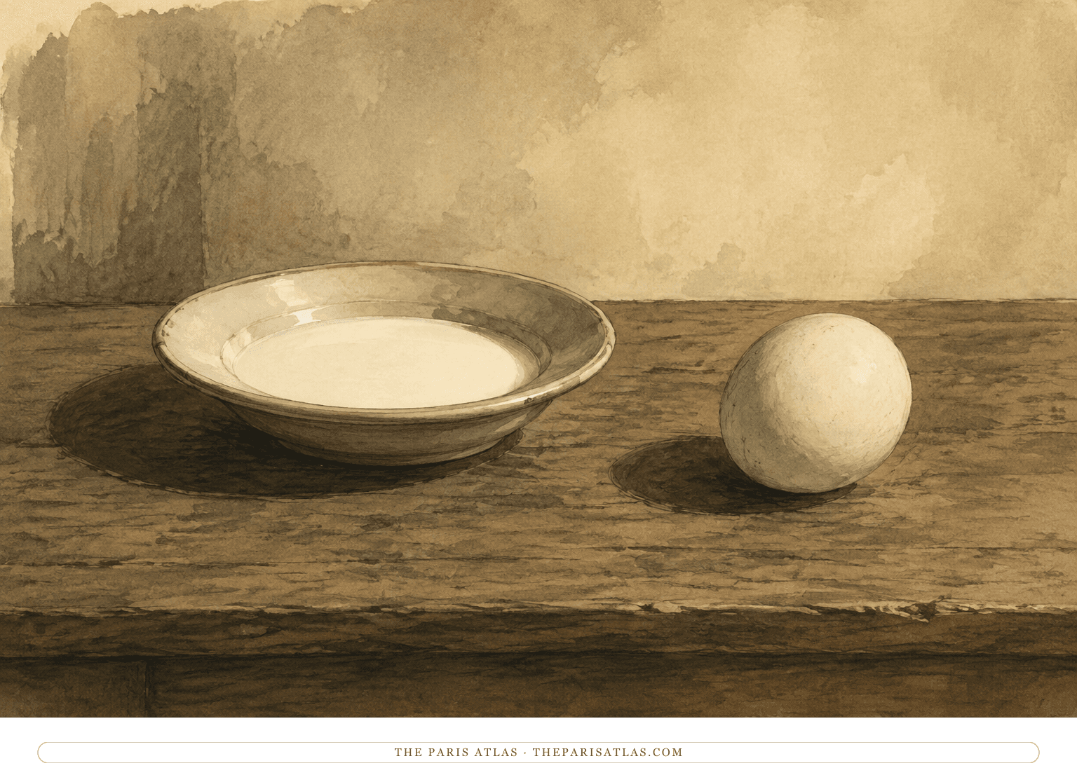 A symbolic still life of a white saucer, milk, and an egg with two clothed adolescent silhouettes distant at the edge