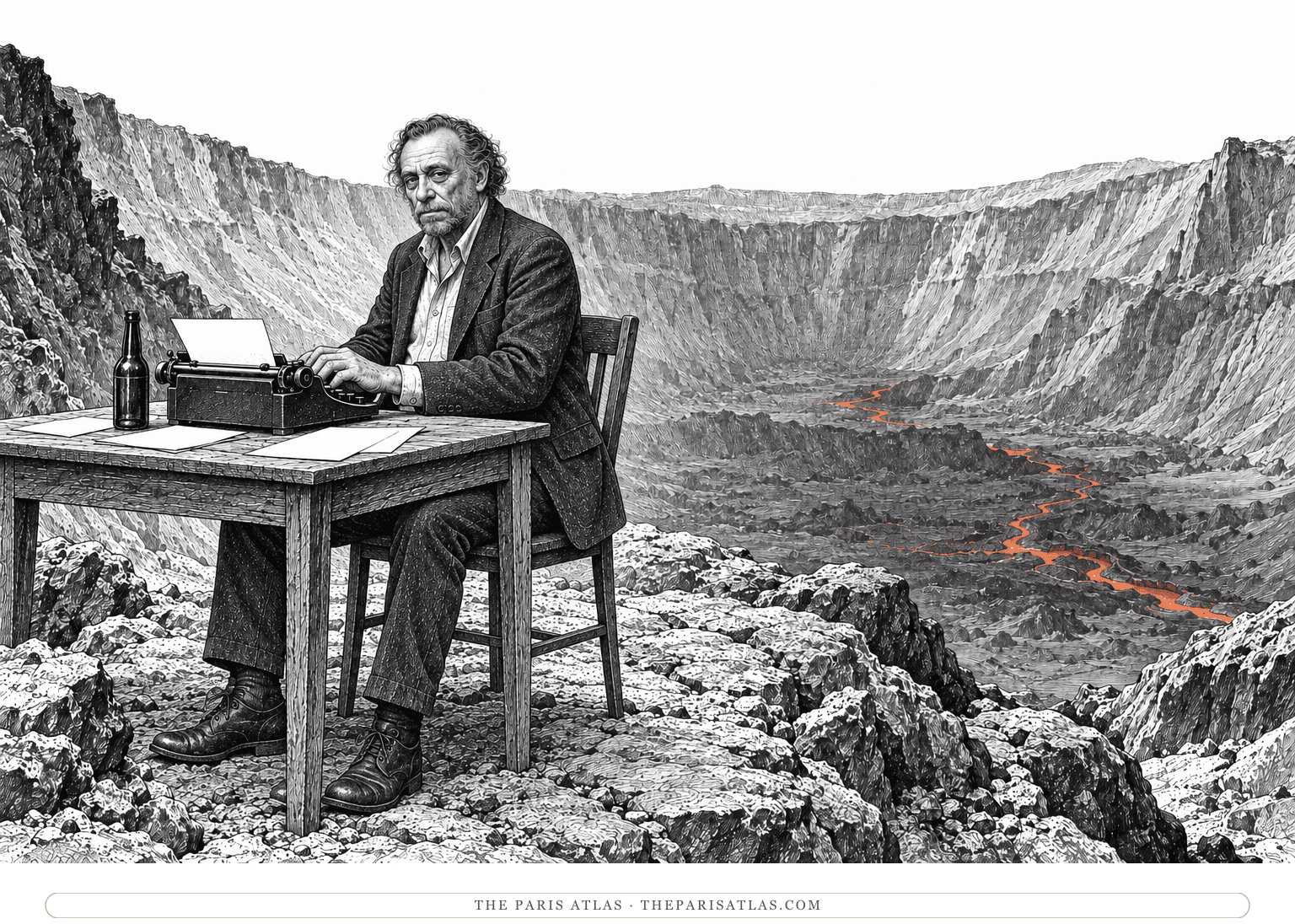 An imagined Charles Bukowski types at a small desk on a rocky ledge inside a volcanic crater.