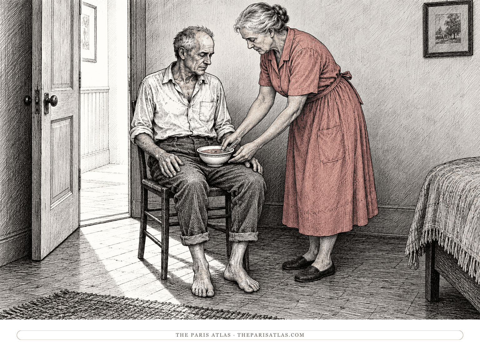 Mrs Conners places a bowl of soup on Mr Sneed’s lap as he sits in his room.