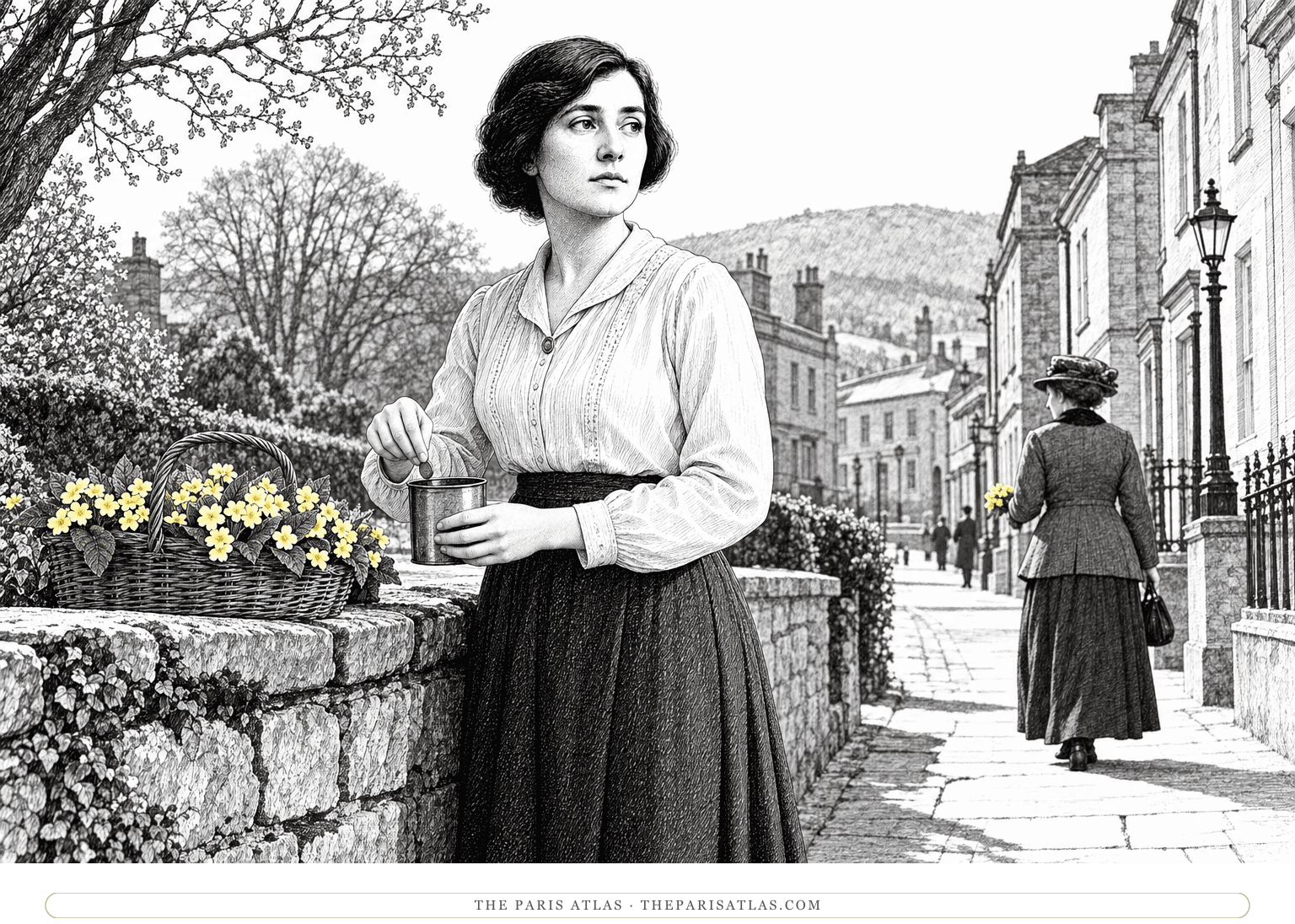 Vera places a coin in a collecting tin beside a basket of primroses.