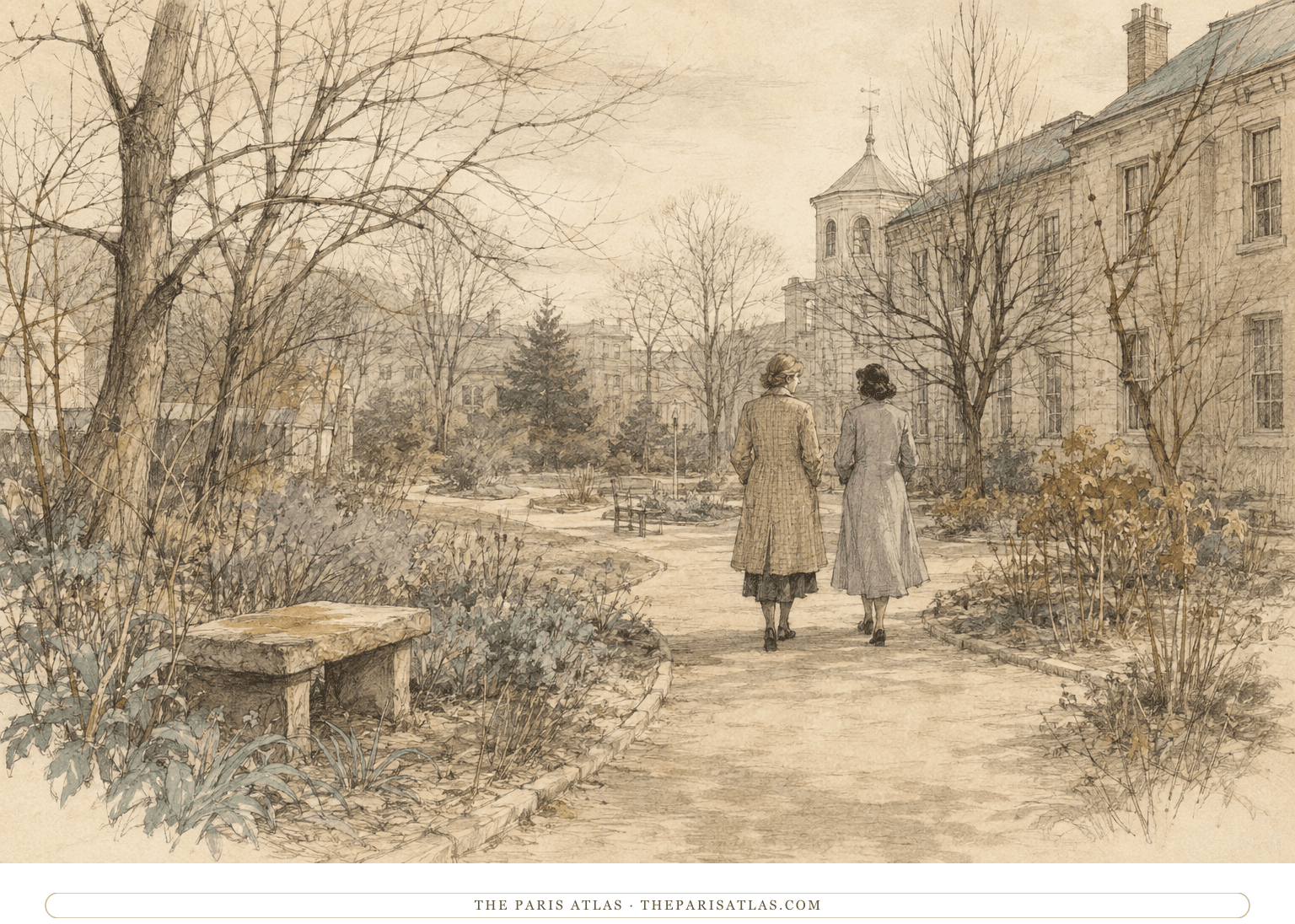 Esther Greenwood and Dr. Nolan walk through a quiet psychiatric hospital garden in winter light