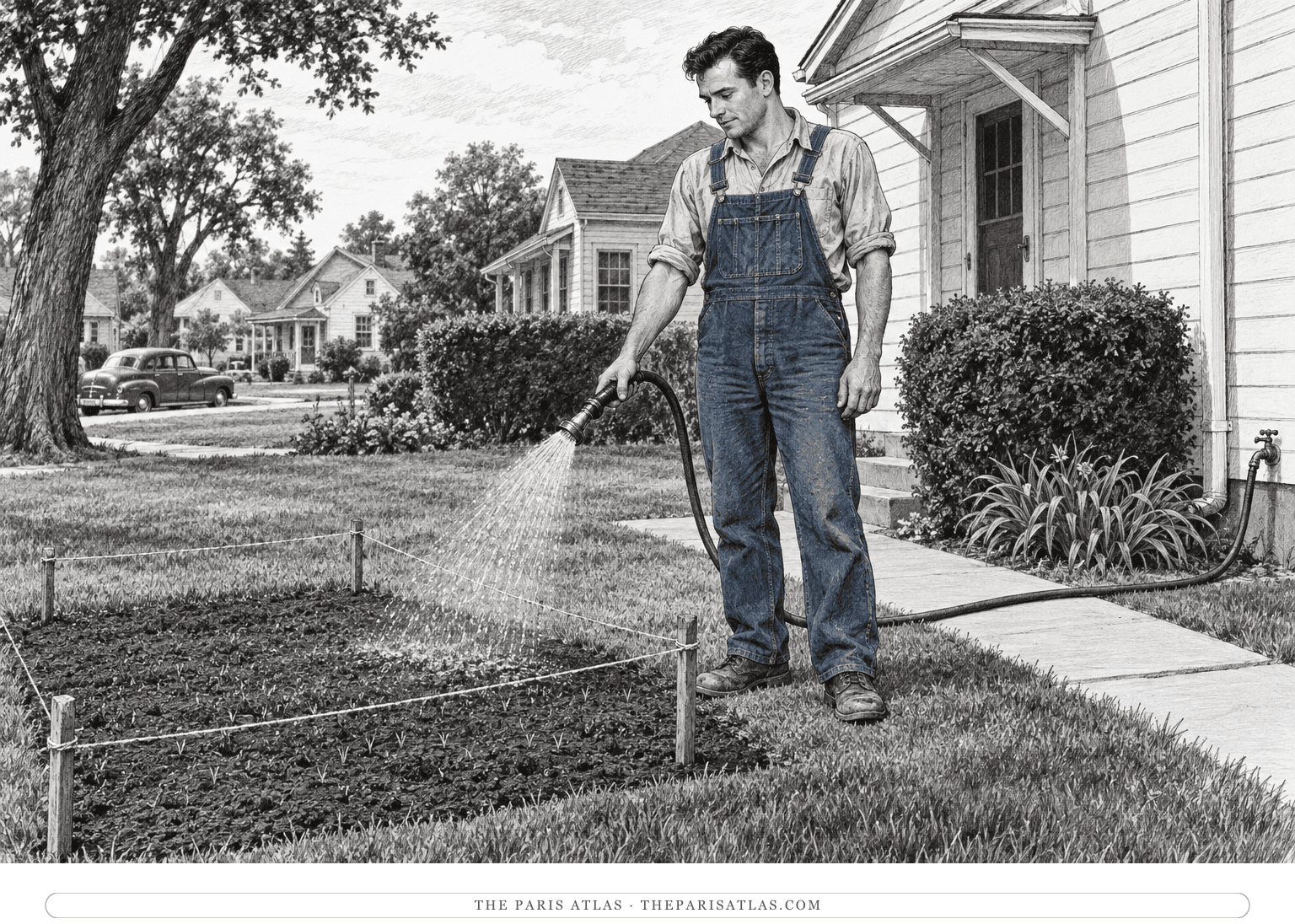 Ralph waters a newly seeded lawn protected by small stakes and string beside a modest house.