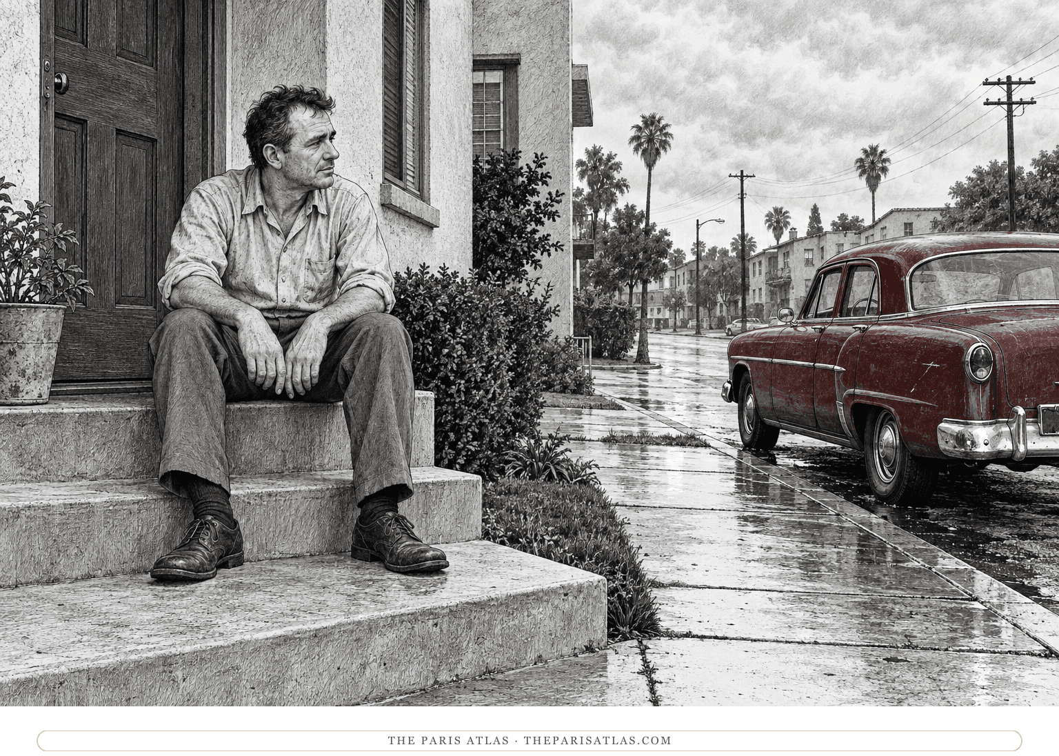 Mick sits on the apartment steps looking toward a parked car beneath an overcast sky.