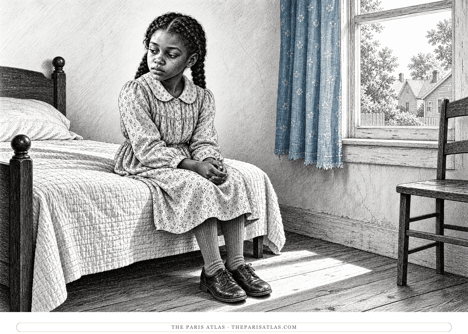 Pecola sits on a plain bed beside a worn blue curtain, her hands loosely clasped in her lap.