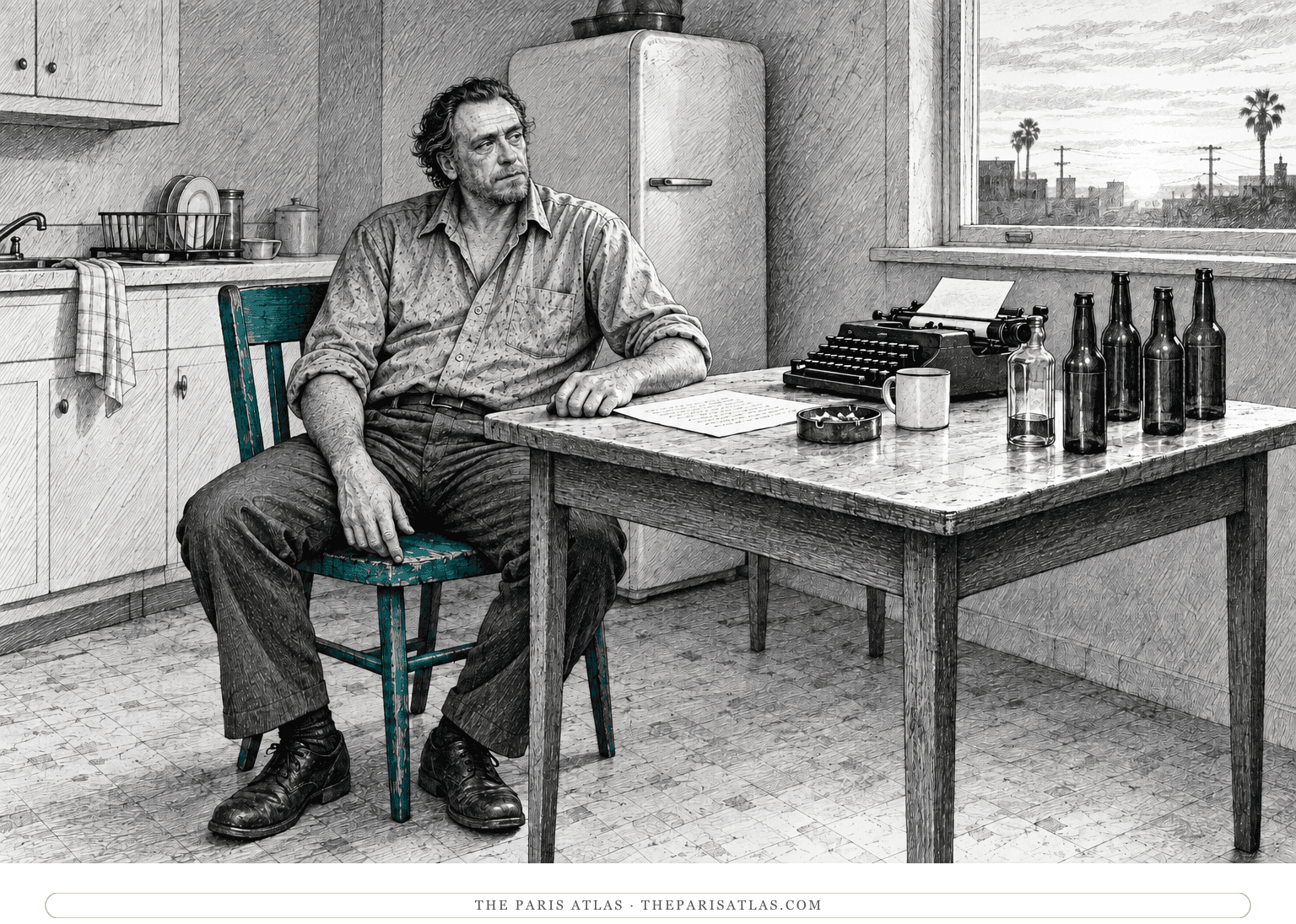 Bukowski sits at a small kitchen table with a letter, a nearly empty bottle and the first light entering the room.