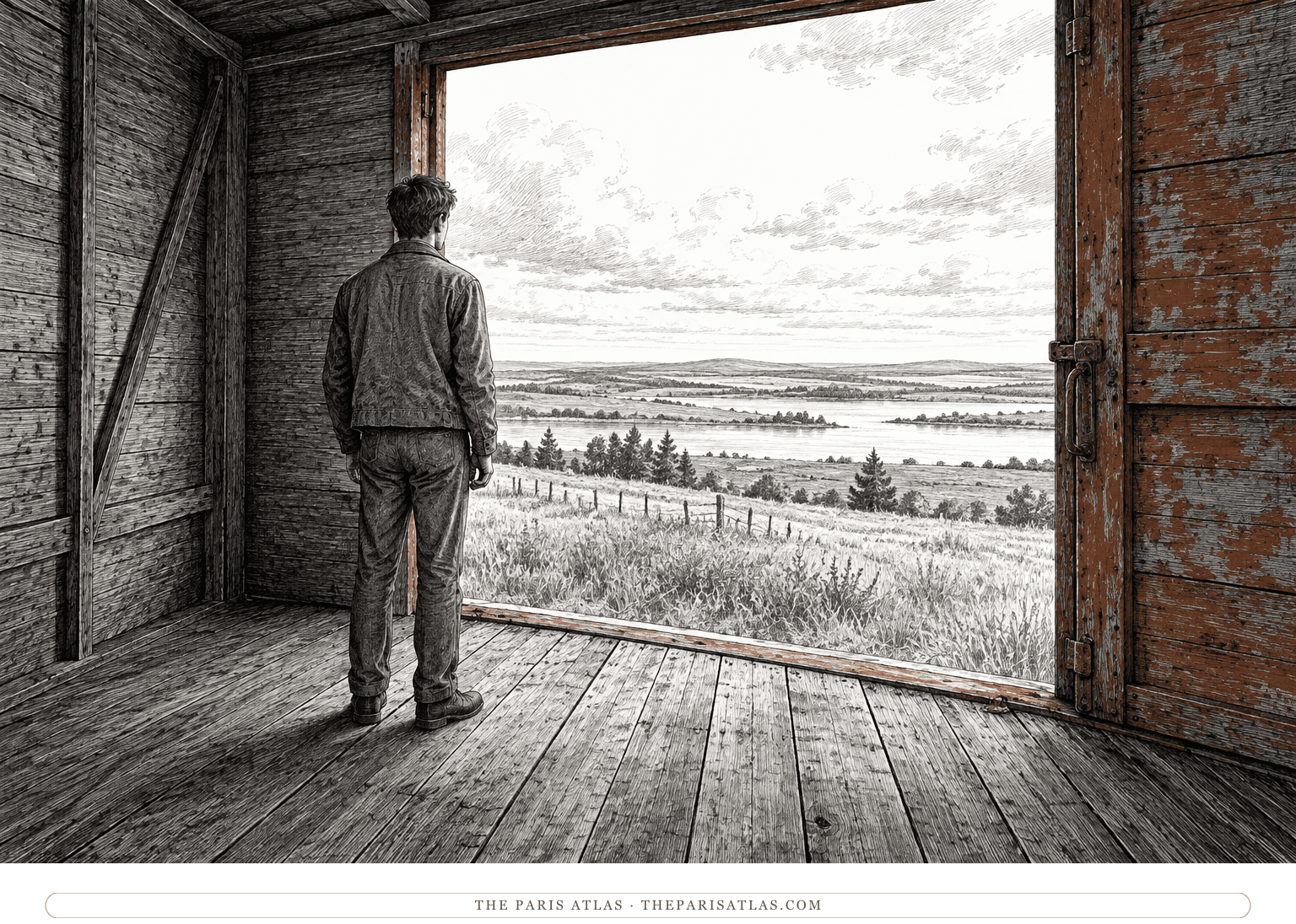 A young traveler viewed from behind stands inside an open wooden boxcar, looking out across broad countryside.