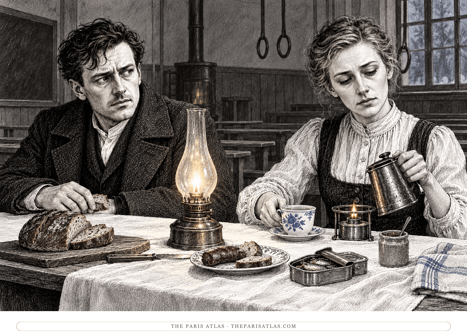 Frieda tends a small coffee burner beside a flowered cup while K. sits at the teacher's table in a cold schoolroom.