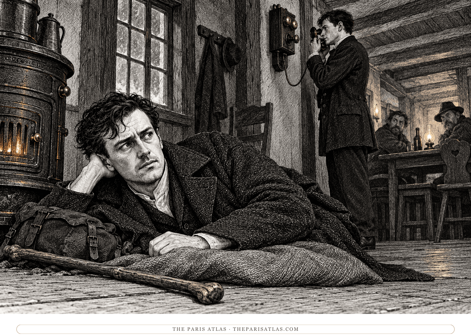 K. rests on a straw sack beneath the inn's wall telephone while Schwarzer listens to an official reply.