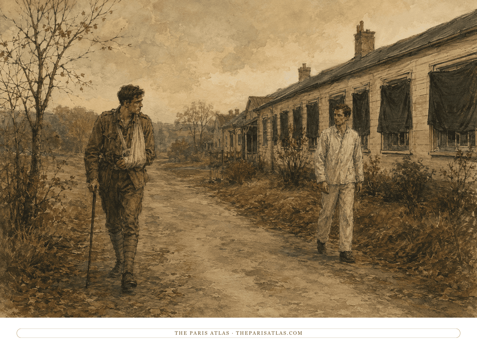 Wounded soldier Laurie and hospital orderly Andrew walk several feet apart beside a rural English hospital in 1940