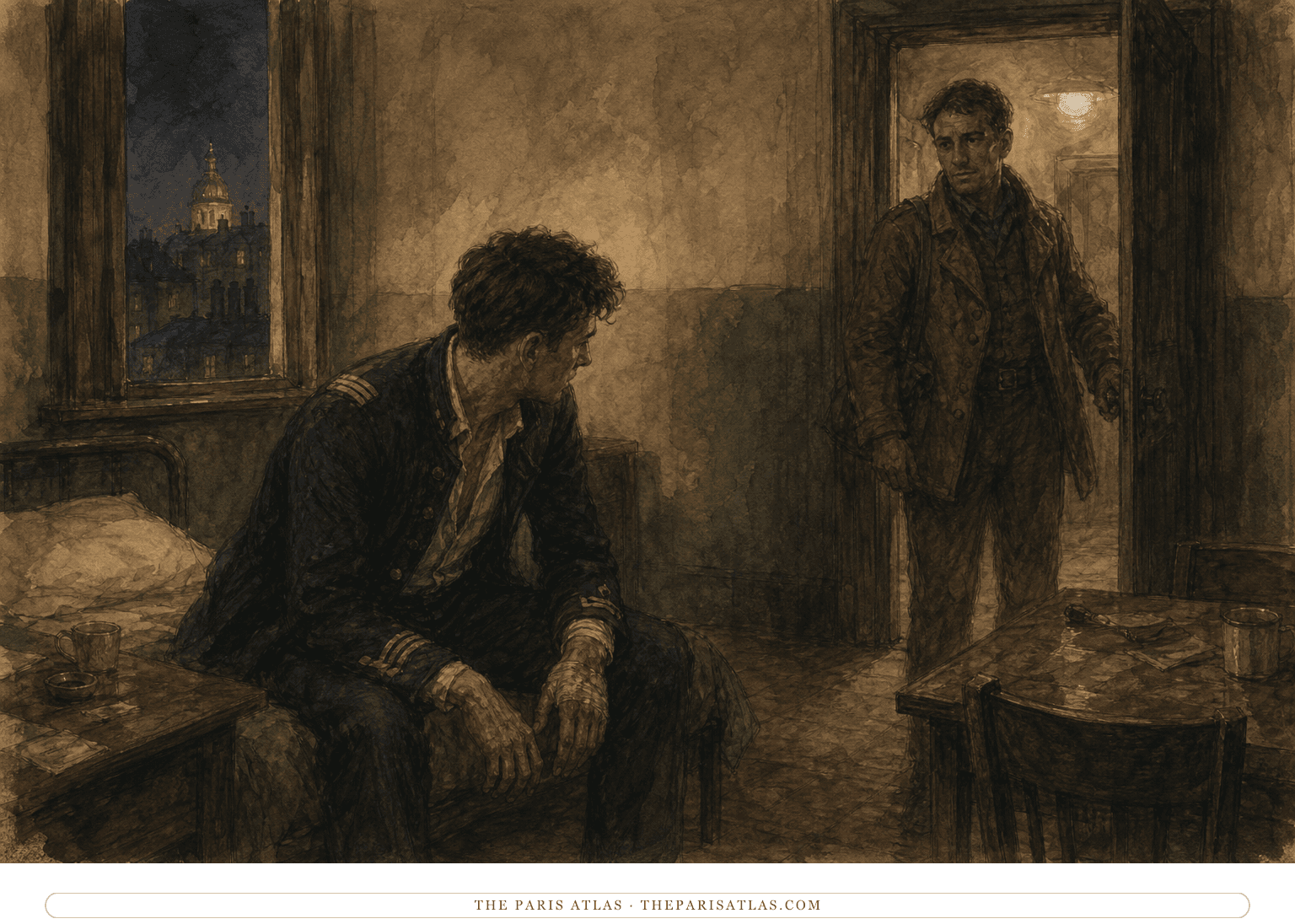 Laurie arrives in a dim wartime room where an exhausted Ralph sits alone in naval uniform