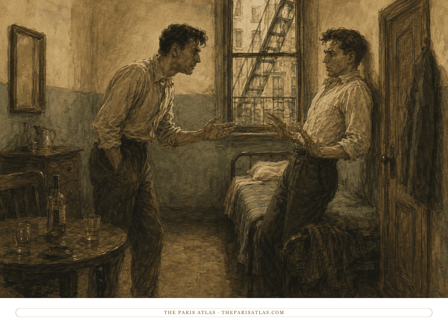 Ink and muted watercolor illustration of two fully clothed men facing each other tensely in a 1940s New York hotel room