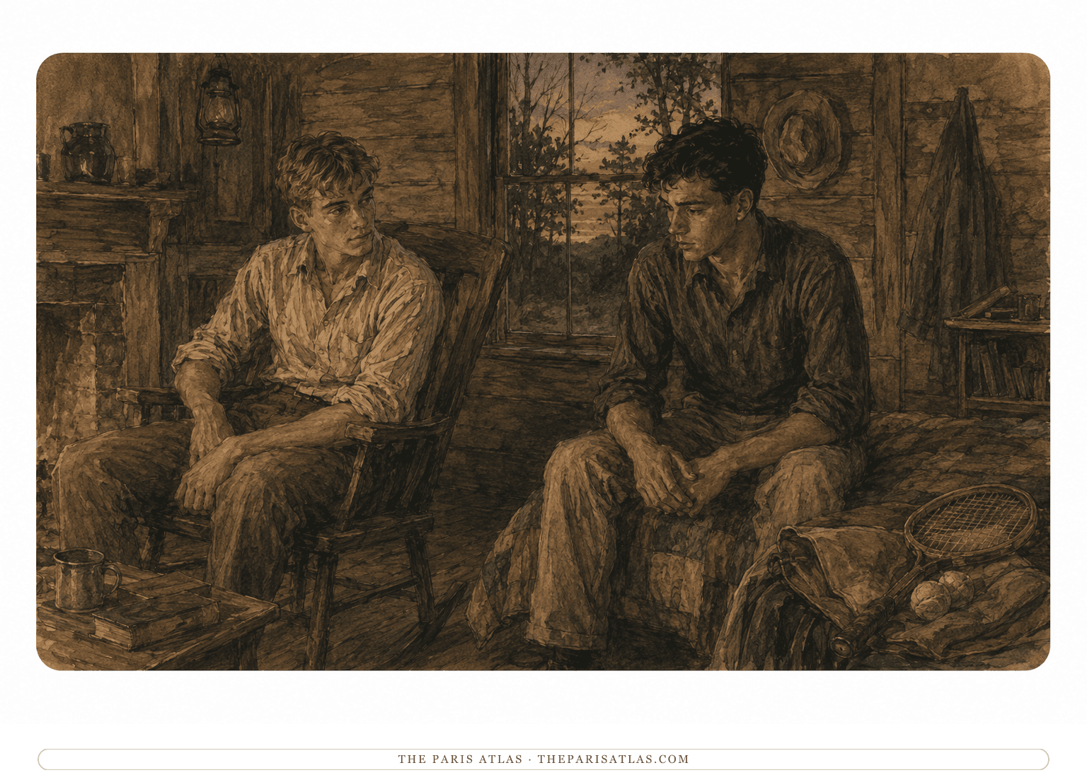 Ink and muted watercolor illustration of two fully clothed young men sitting apart inside a simple Virginia cabin