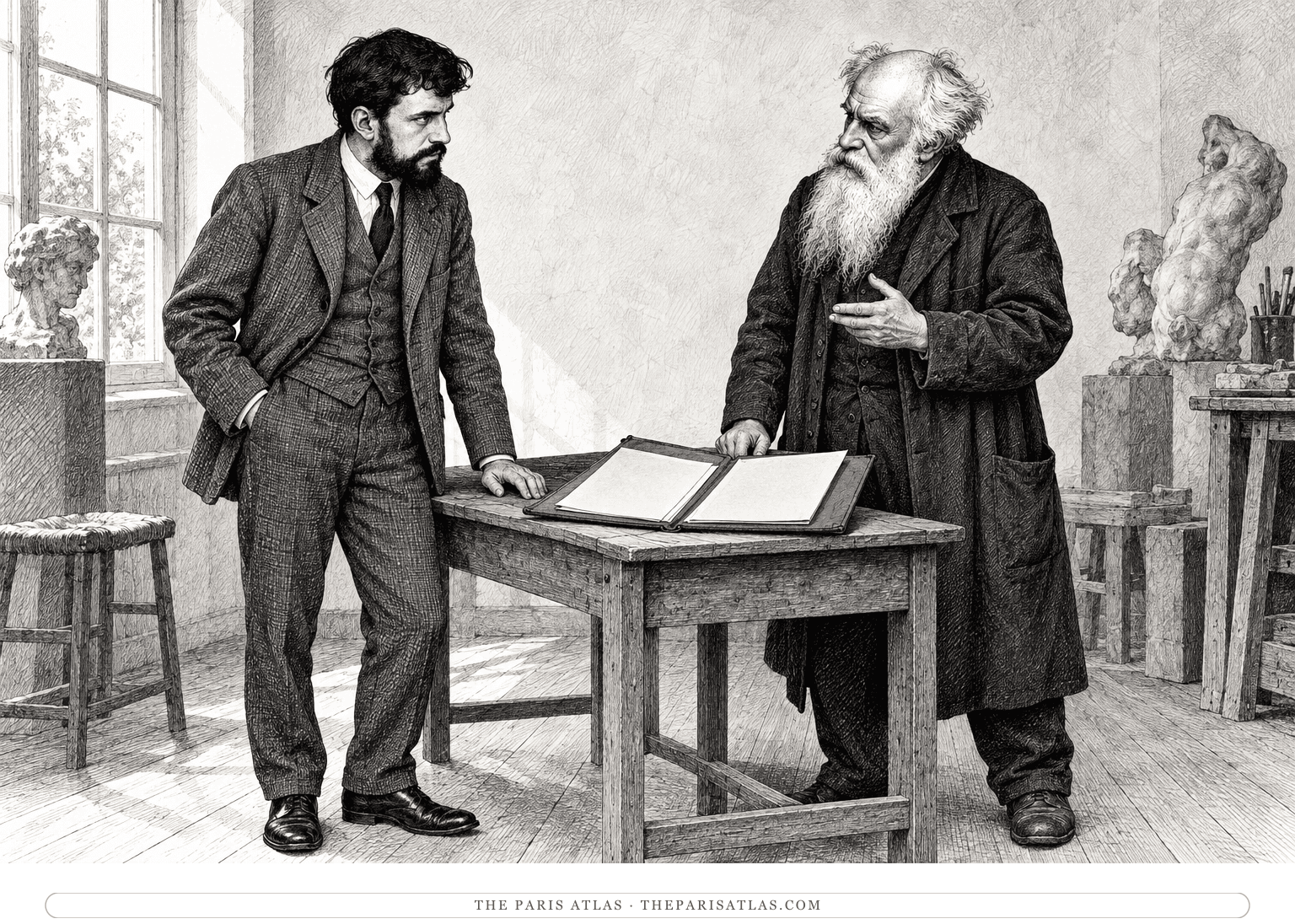Young Crowley and Auguste Rodin converse beside a portfolio on a studio table.