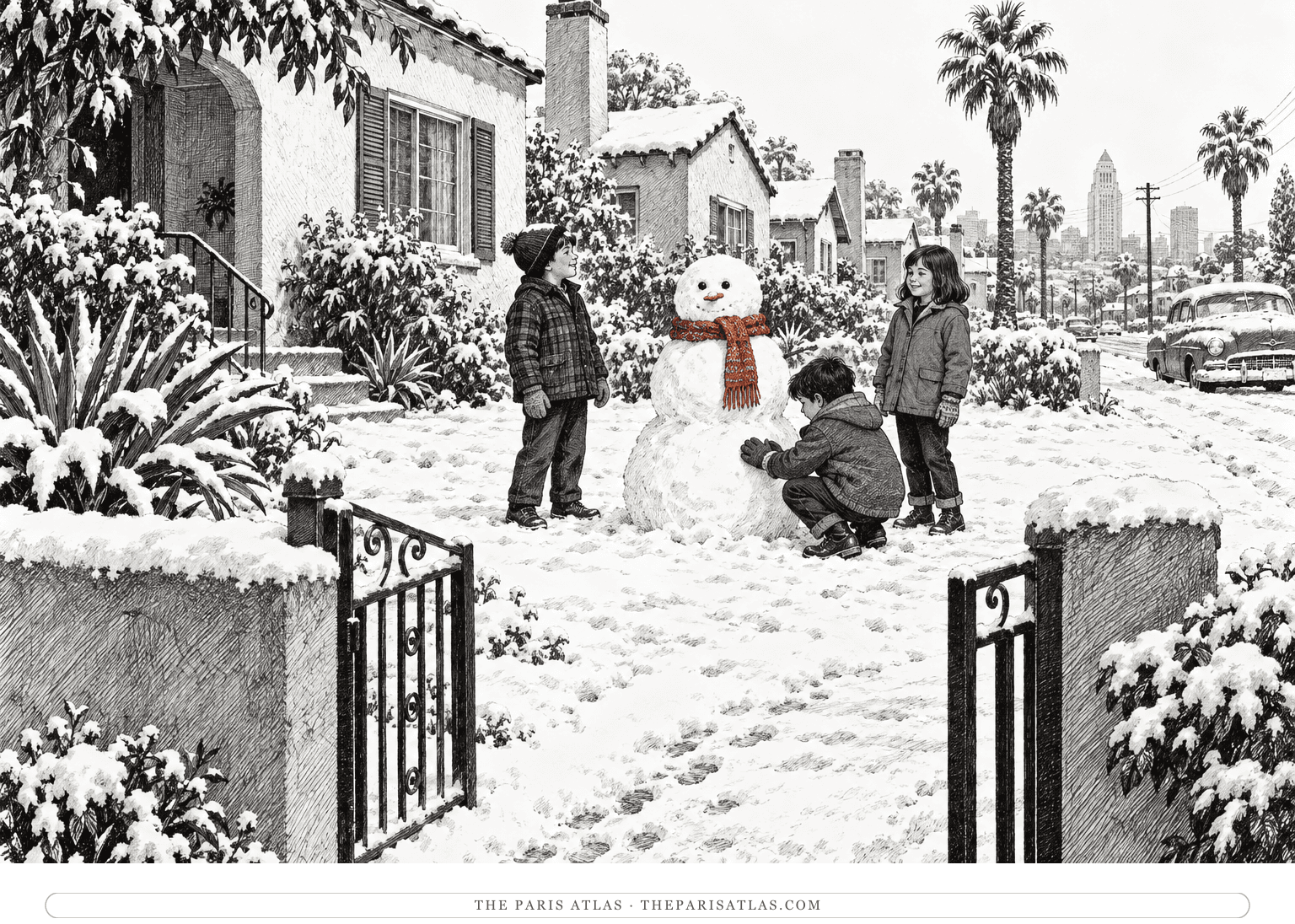 Three fully dressed neighborhood children gather around a newly built snowman in a snow-covered Los Angeles yard.