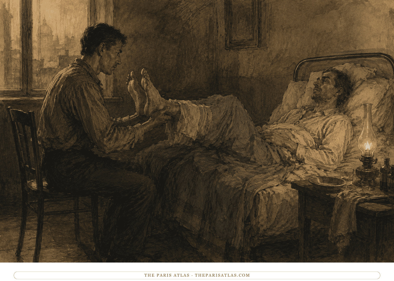 Gerasim supports Ivan’s raised legs beside the bed in a quiet act of physical care