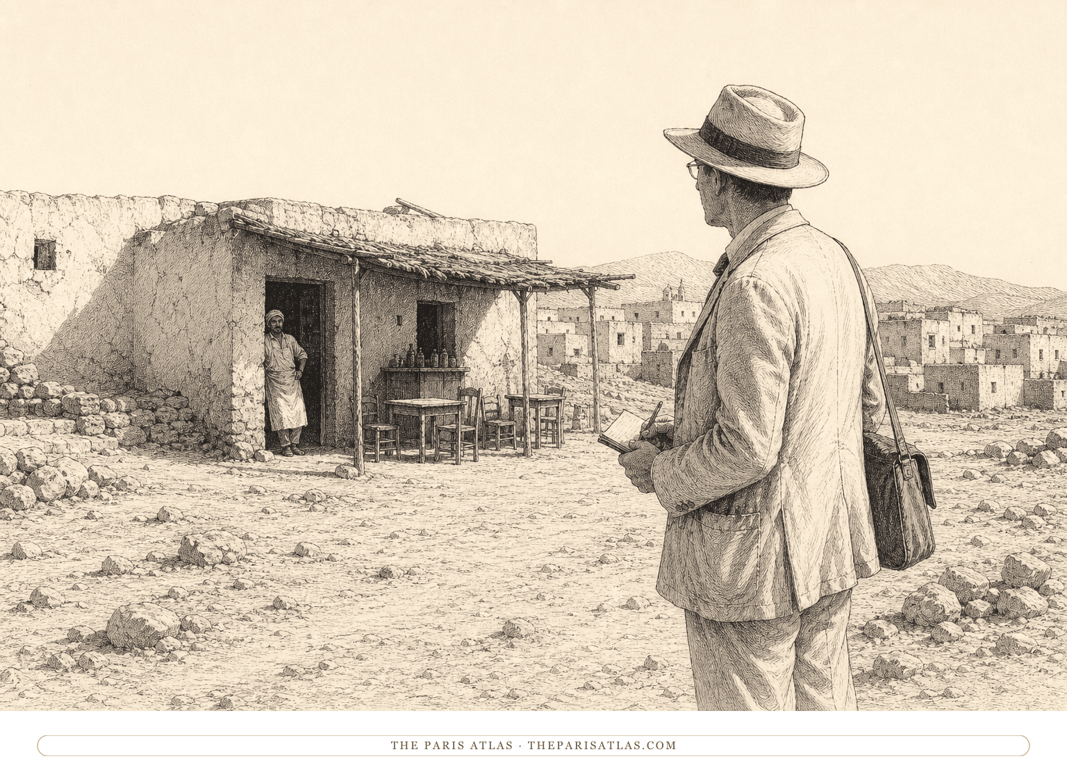 Pen-and-ink illustration of a linguistics professor in a light suit approaching a remote North African café while a local worker watches from the doorway