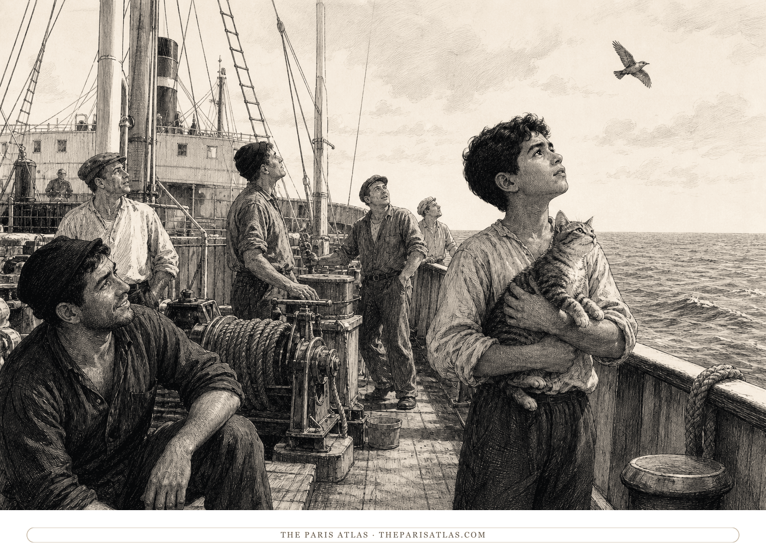 Pen-and-ink illustration of the young scullery boy Ramón holding a ship's cat while sailors watch an exhausted bird above a cargo ship deck