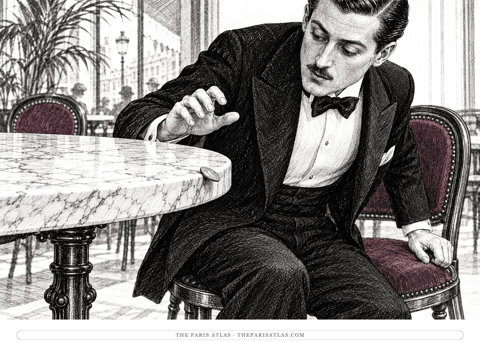 A single coin tips over a marble café table’s edge as Peter leans toward it.