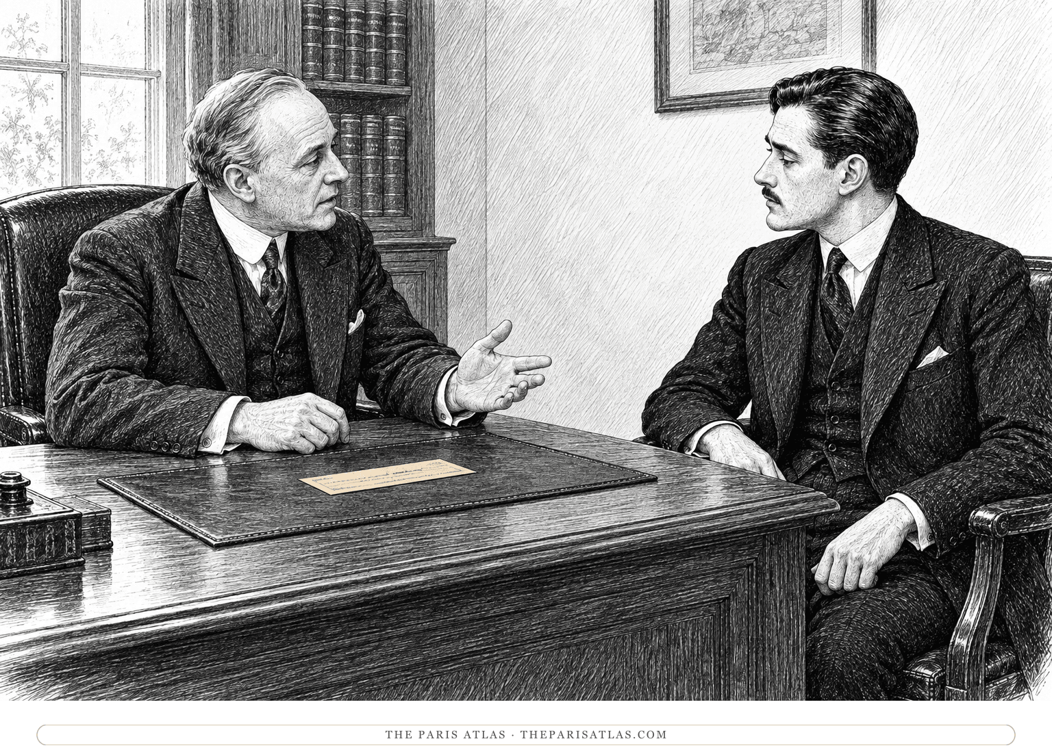 Peter listens to Mr Wolfe across a desk with a small paper on its blotter.