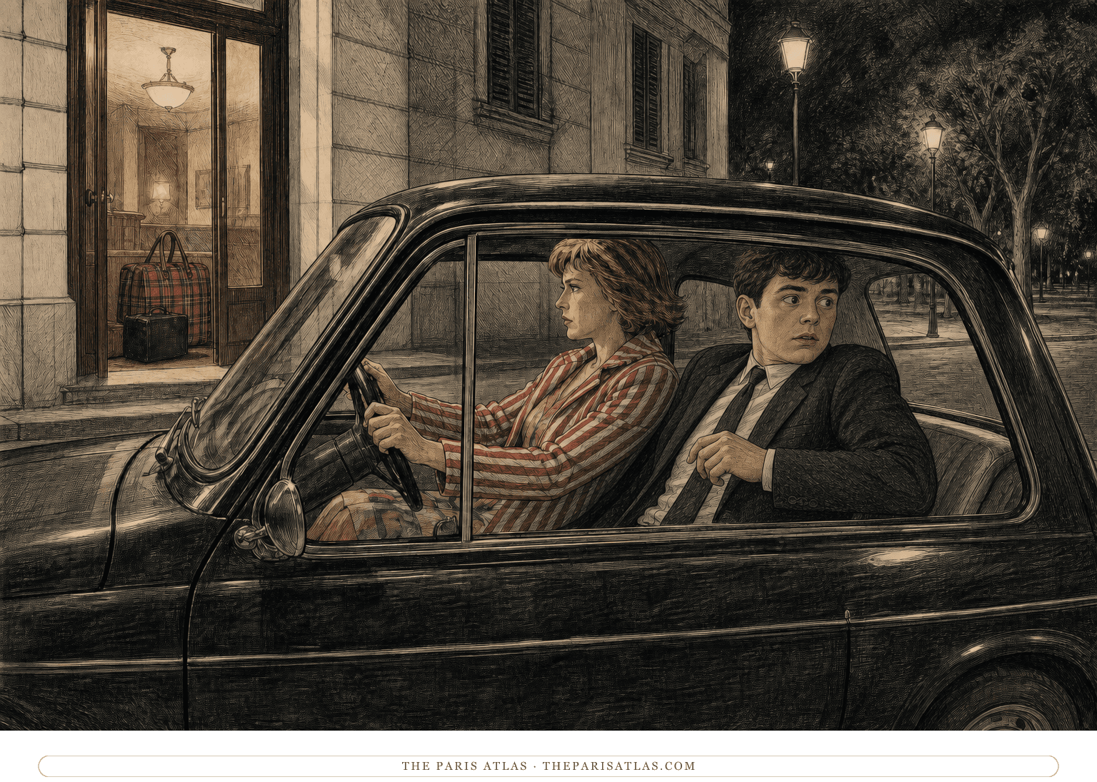 Pen-and-graphite illustration of Lise behind the wheel of a small 1970 car with a frightened young Richard beside her outside a hotel at night