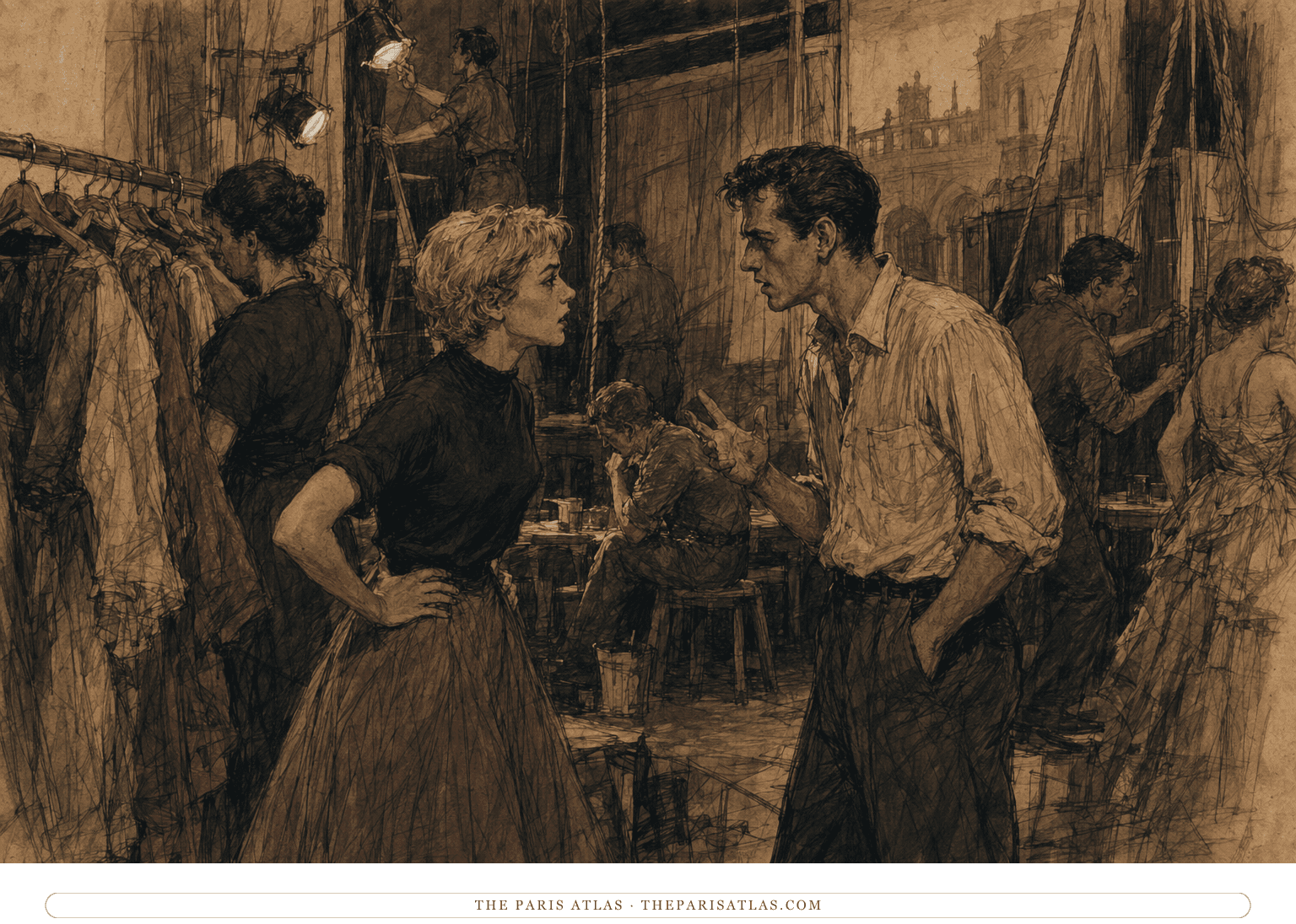 Sally Jay and Larry argue backstage while actors work around them