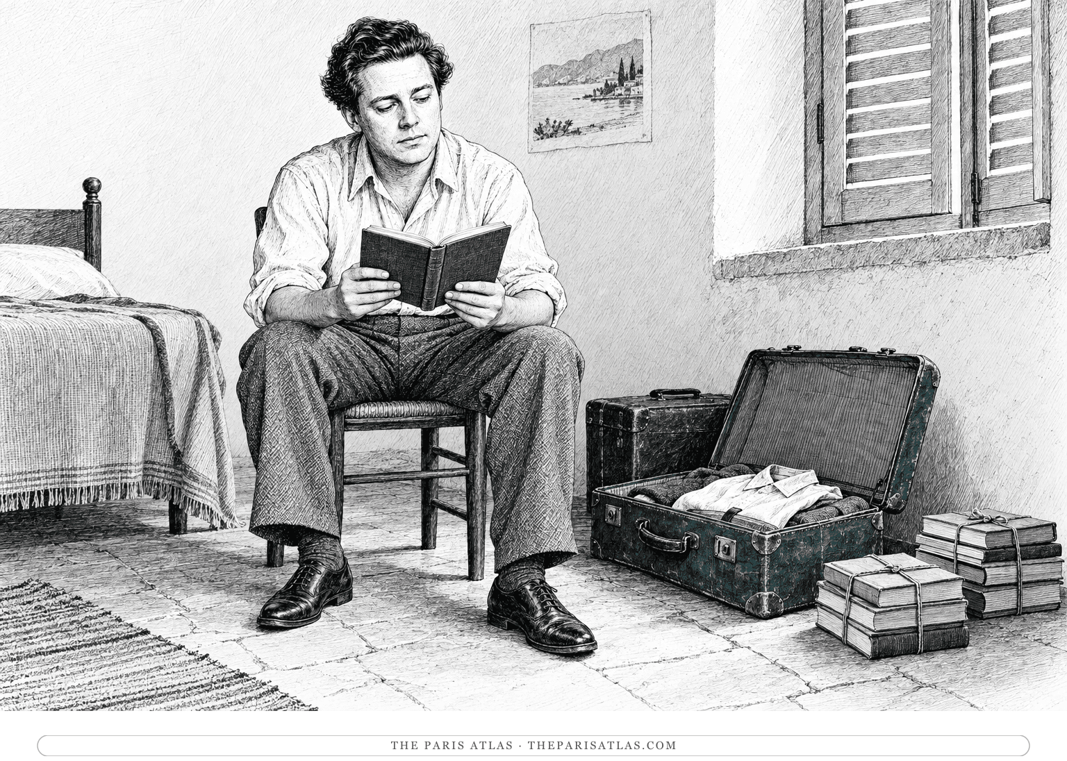 A young Lawrence Durrell reads an open book amid travel cases and packed books in a Corfu room.