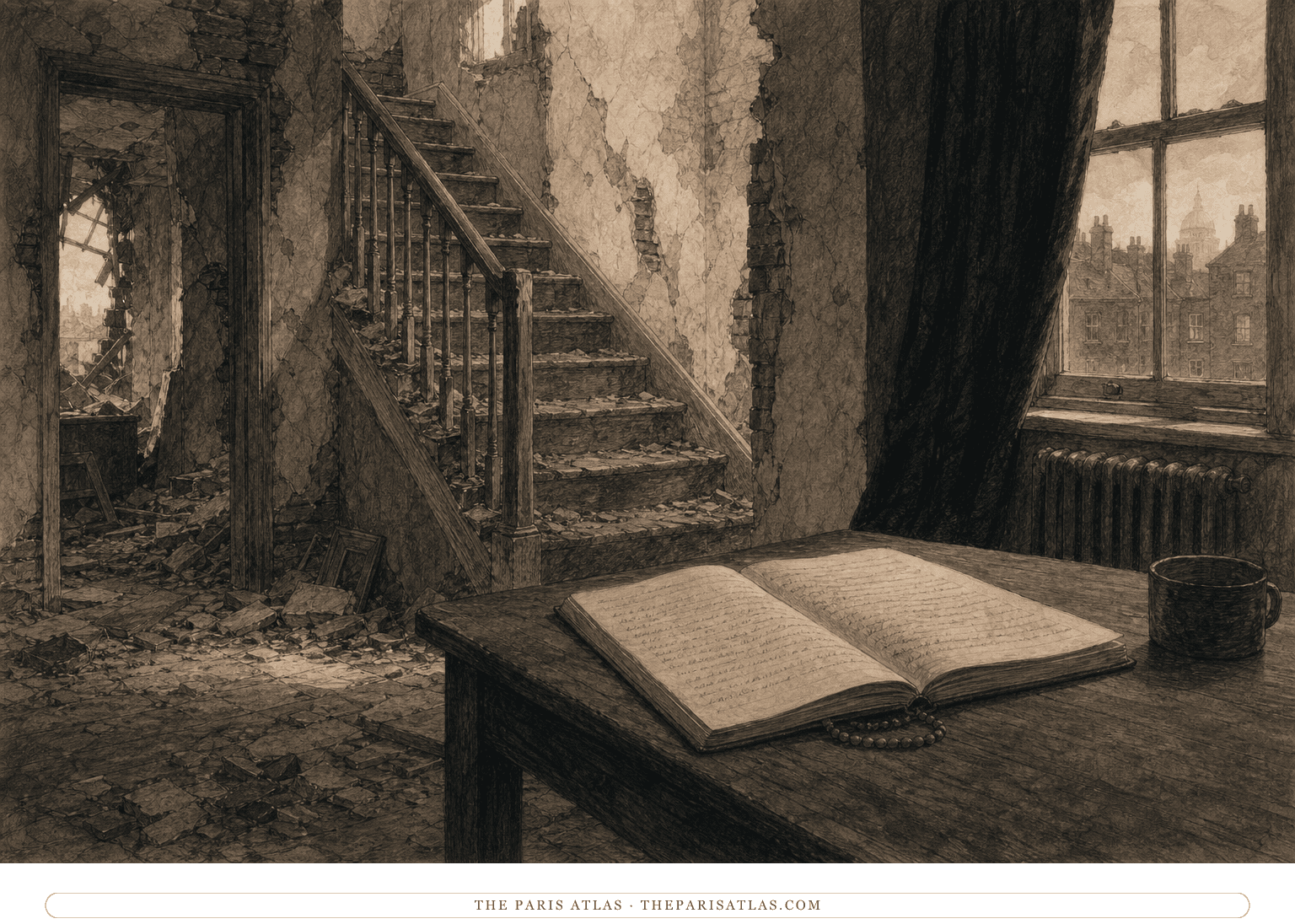 An open handwritten diary beside a cracked stairwell, blackout curtain, and partly hidden rosary in cold morning light