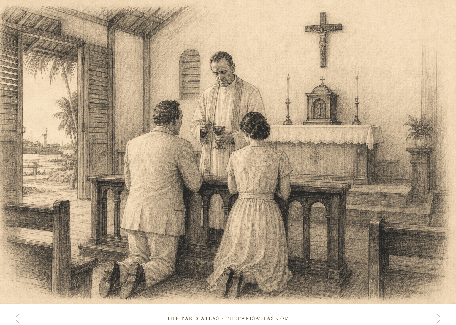 Pen-and-ink illustration of a married couple kneeling side by side at a simple Catholic Communion rail while a priest stands before them in a small tropical church