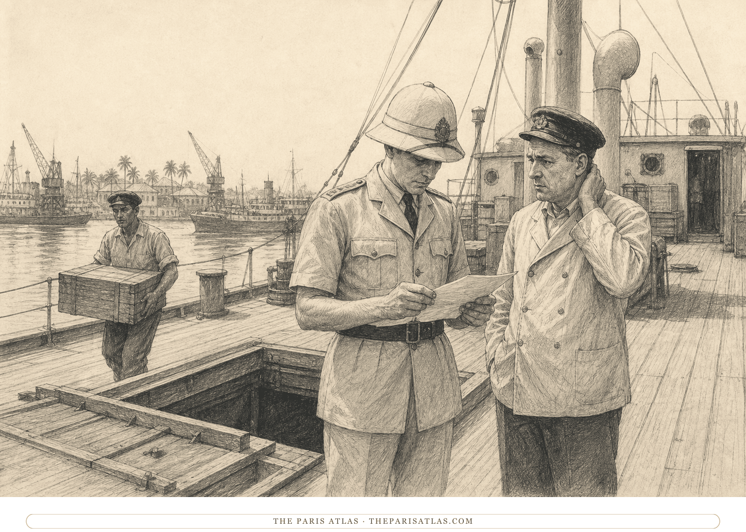 Pen-and-ink illustration of a colonial police officer examining papers beside a worried merchant-ship captain while a deckhand carries a crate across a wartime West African harbor deck