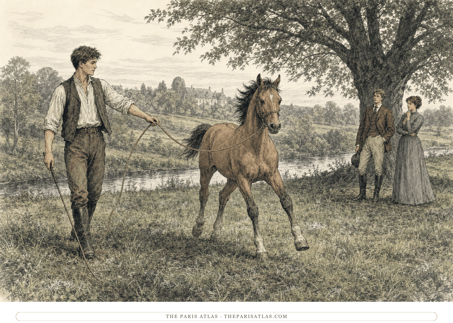 Pen-and-ink illustration of a young farm worker calmly guiding a light-bay colt on a long rope in a Normandy pasture while a young man and woman watch beneath a broad tree